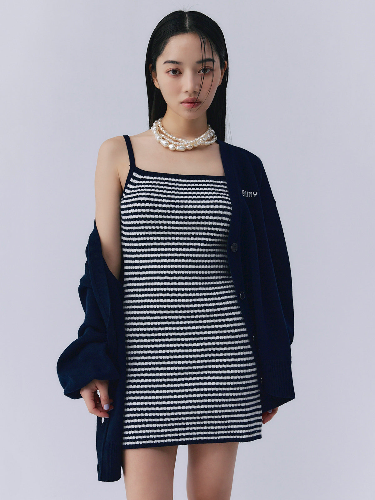 eimy isstore ロゴカーデワンピースニットセットアップ　NAVY ロゴカーデワンピースニットセットアップ