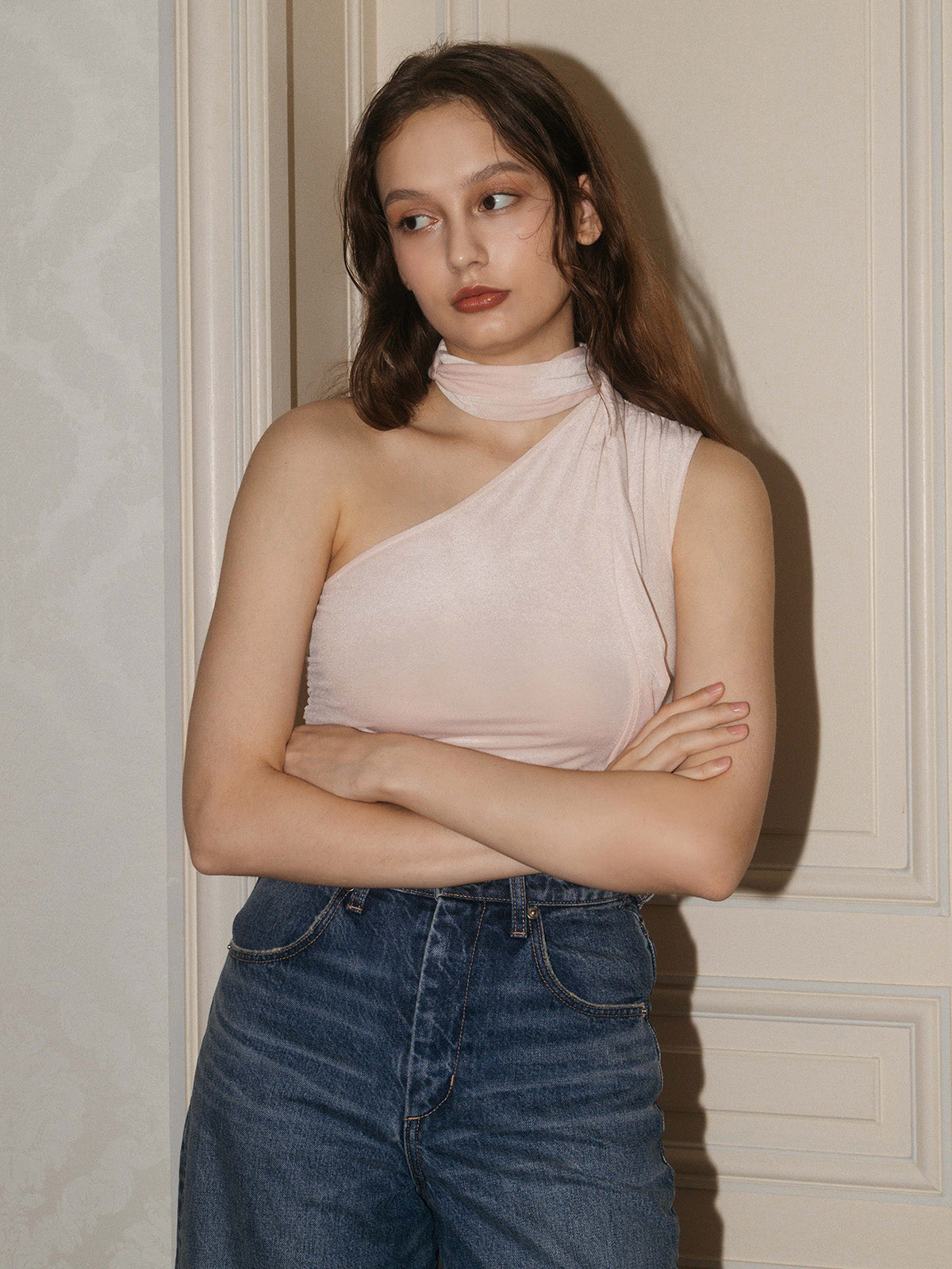 VELOUR SHOULDER DRAPE TOP