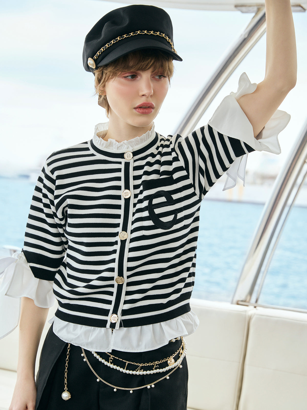 Attachedcollarハーフスリーブカーディガン