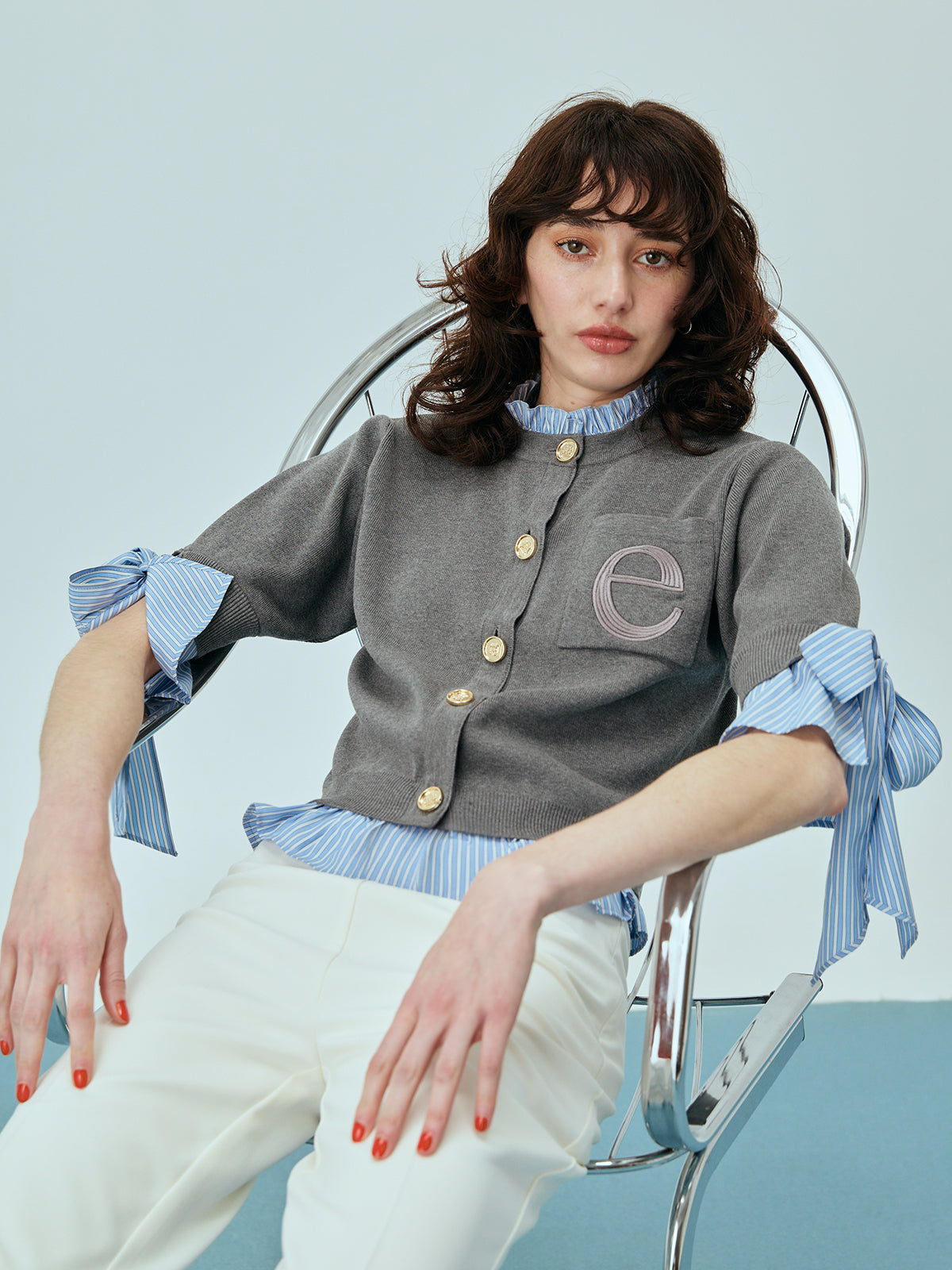 Attachedcollarハーフスリーブカーディガン