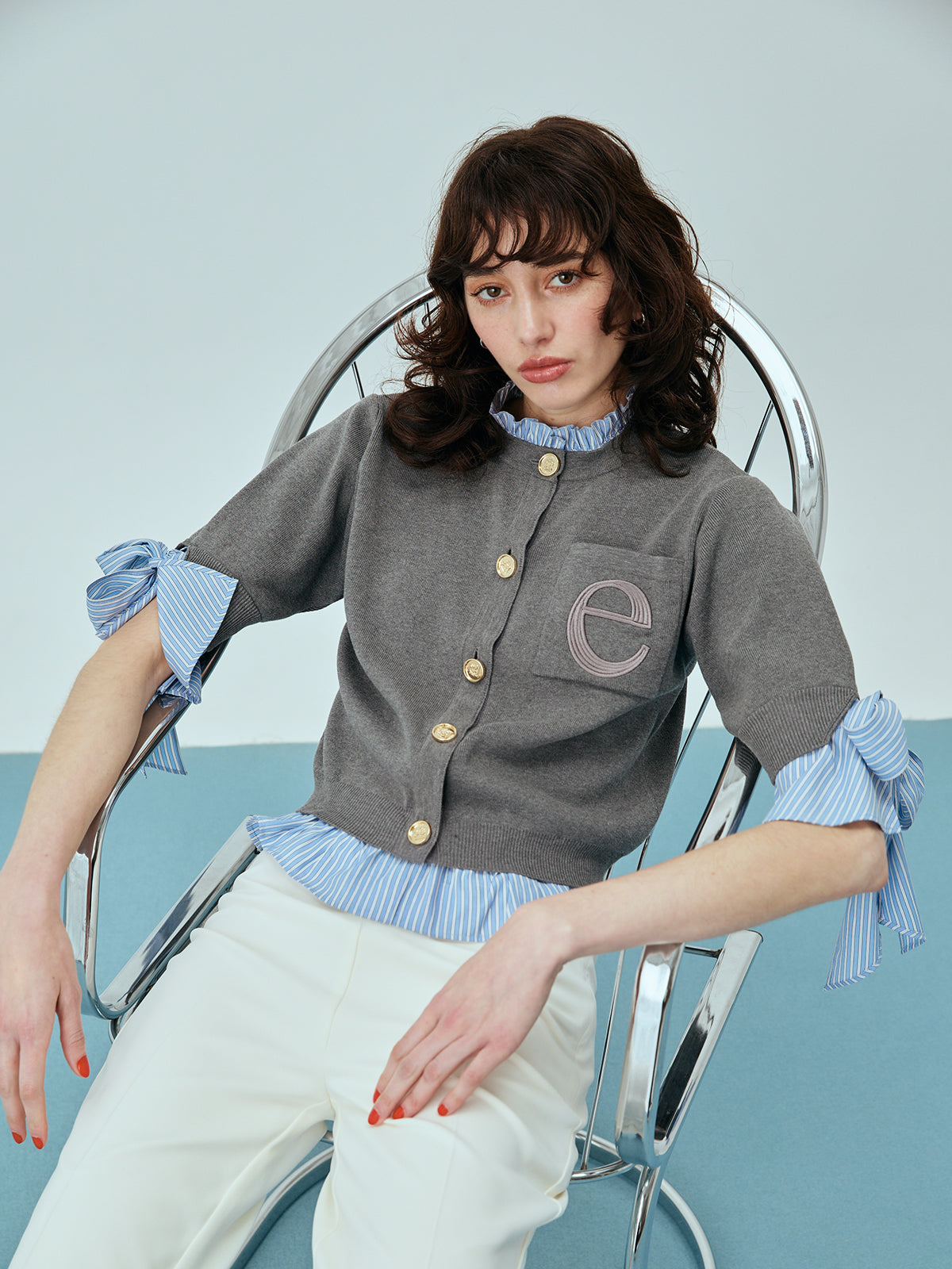 Attachedcollarハーフスリーブカーディガン