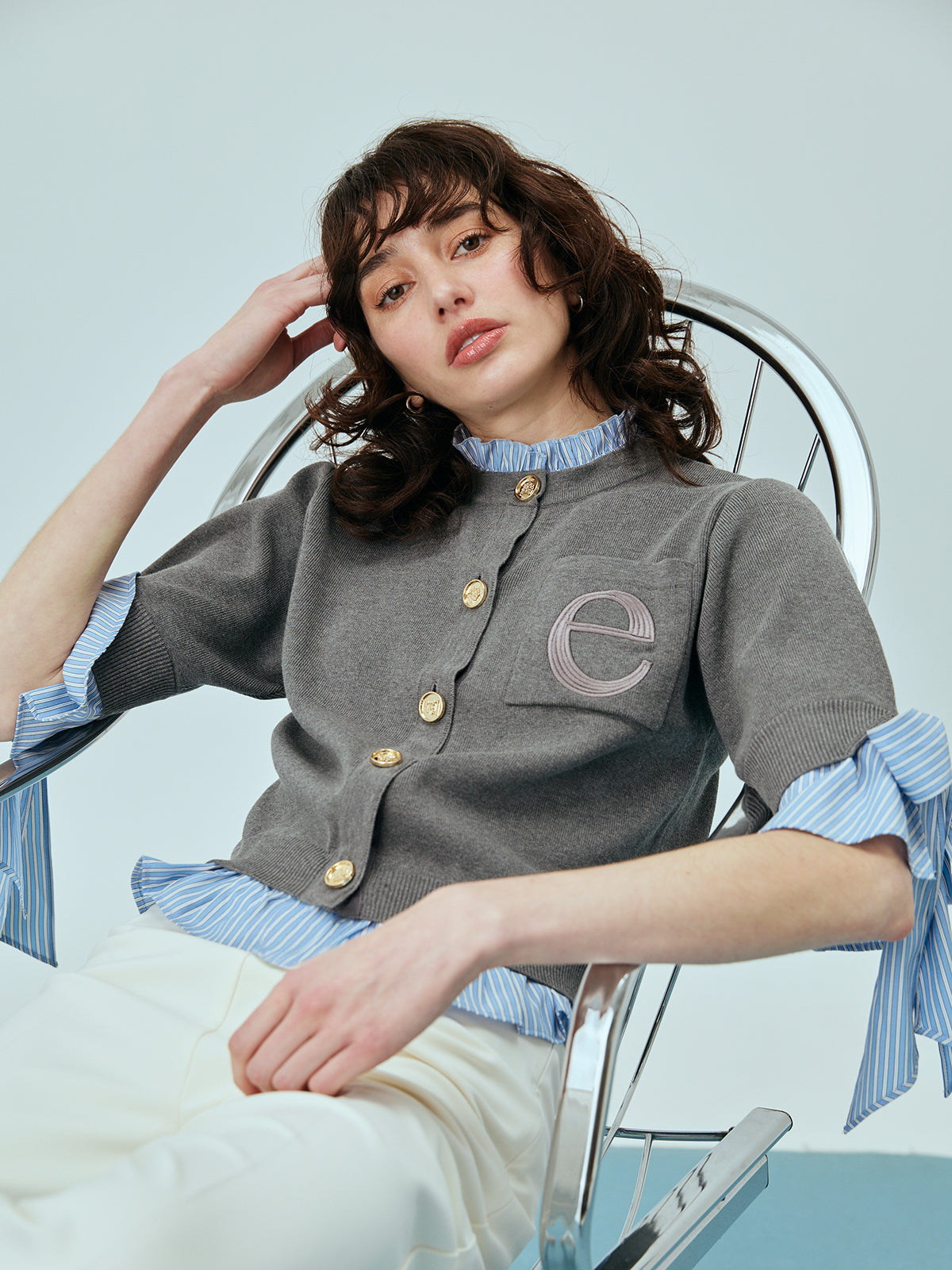 Attachedcollarハーフスリーブカーディガン