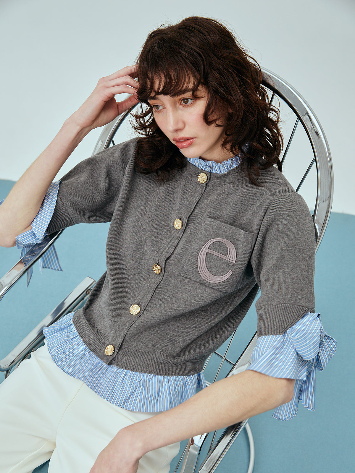 Attachedcollarハーフスリーブカーディガン