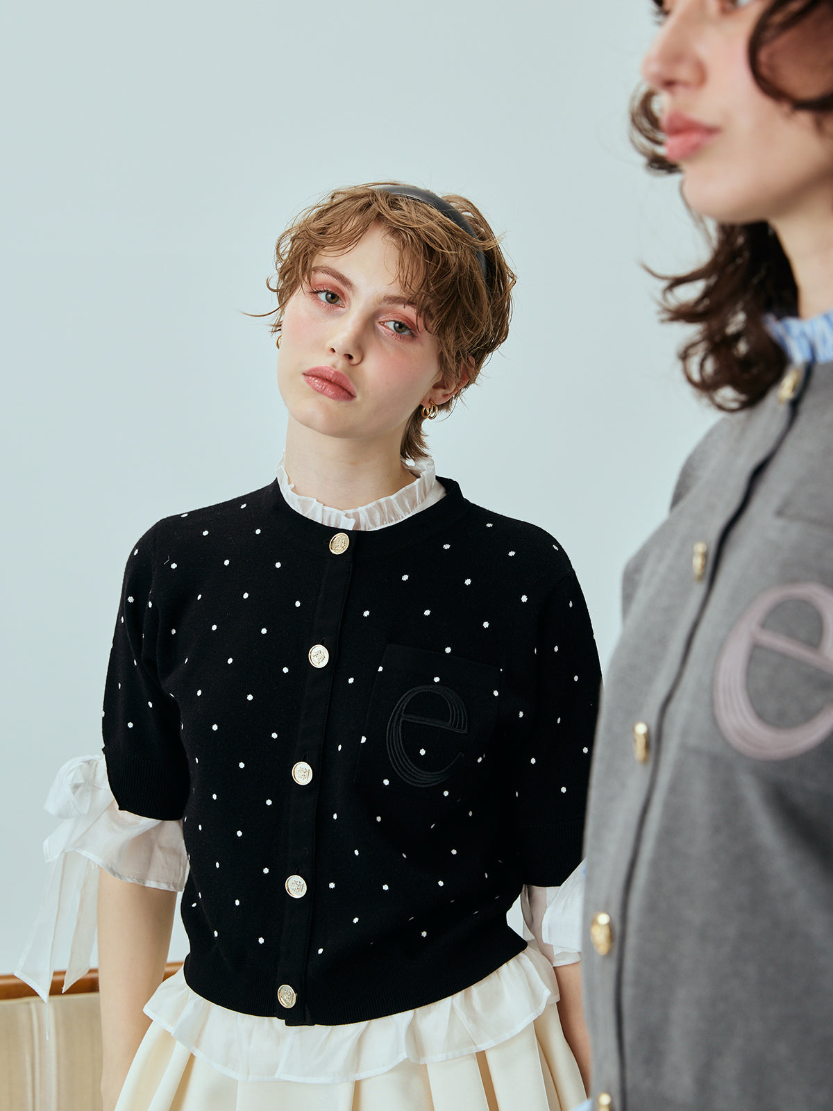 DOT Attachedcollarハーフスリーブカーディガン