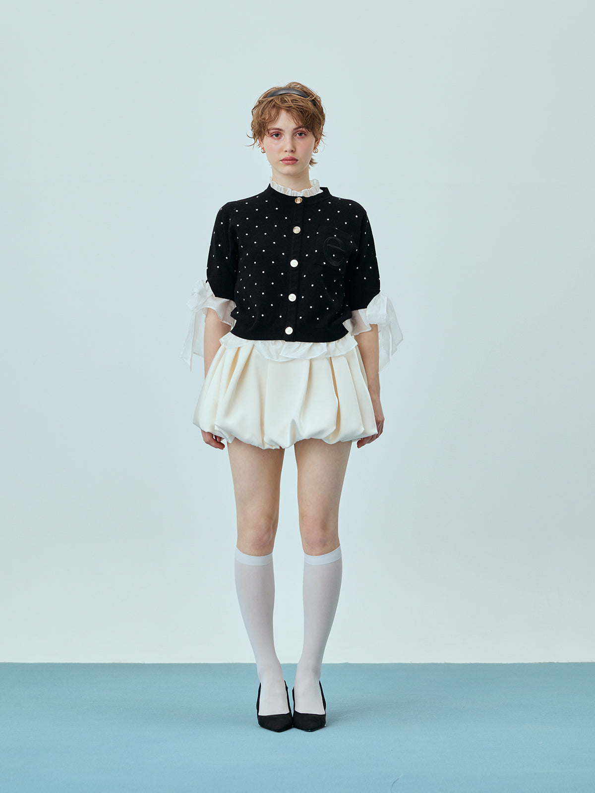 DOT Attachedcollarハーフスリーブカーディガン