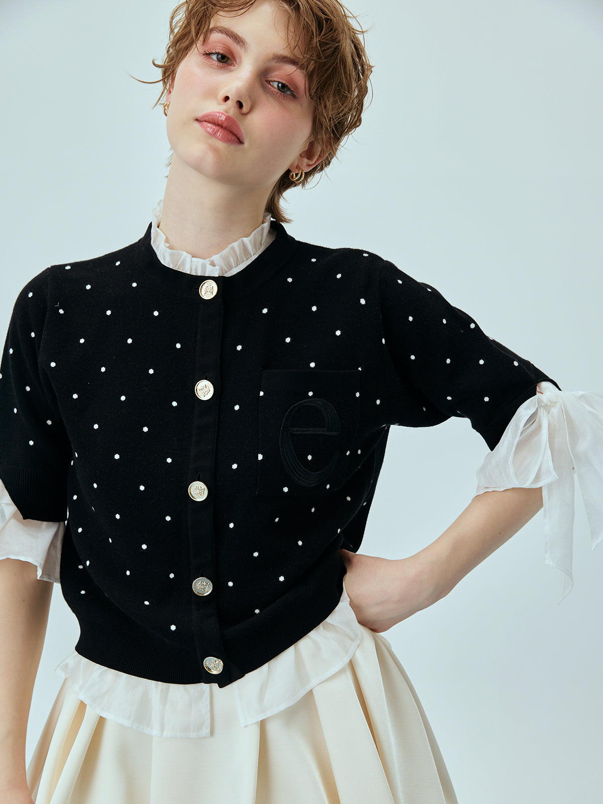 DOT Attachedcollarハーフスリーブカーディガン