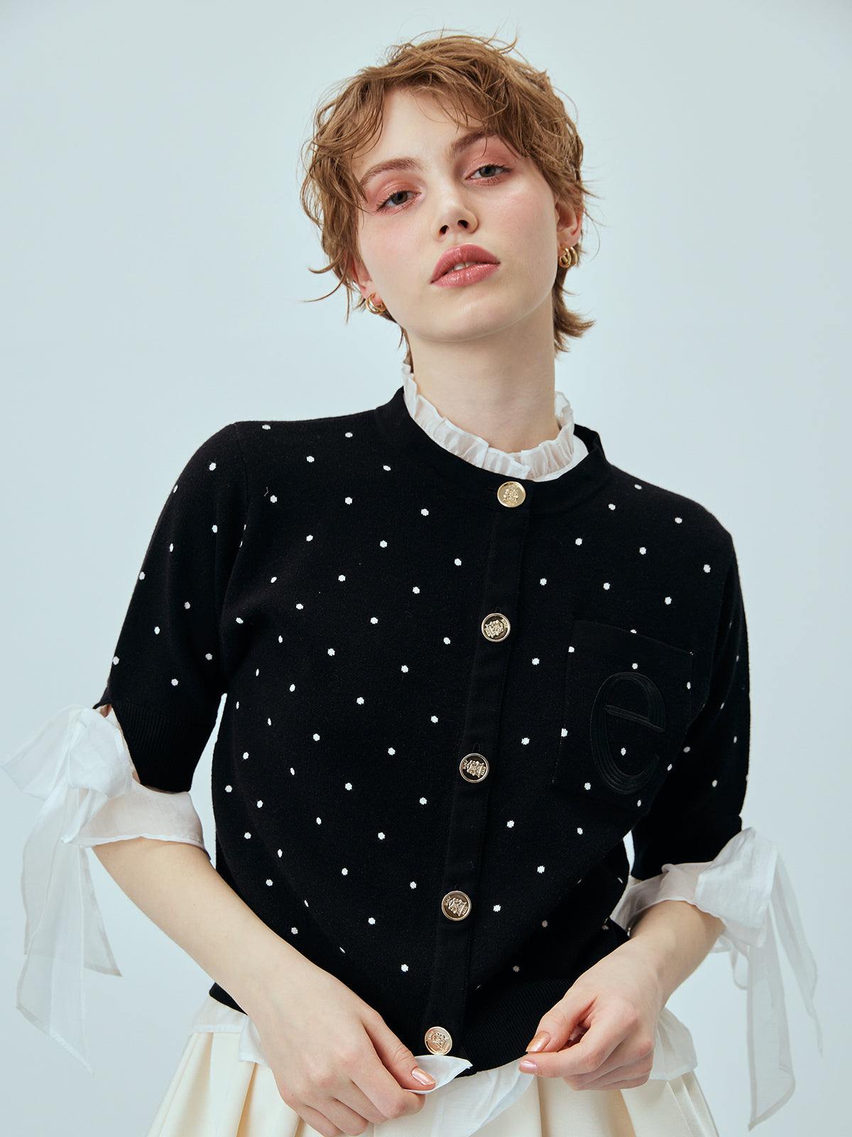 DOT Attachedcollarハーフスリーブカーディガン