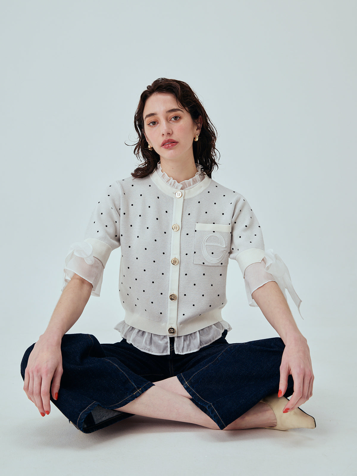 DOT Attachedcollarハーフスリーブカーディガン