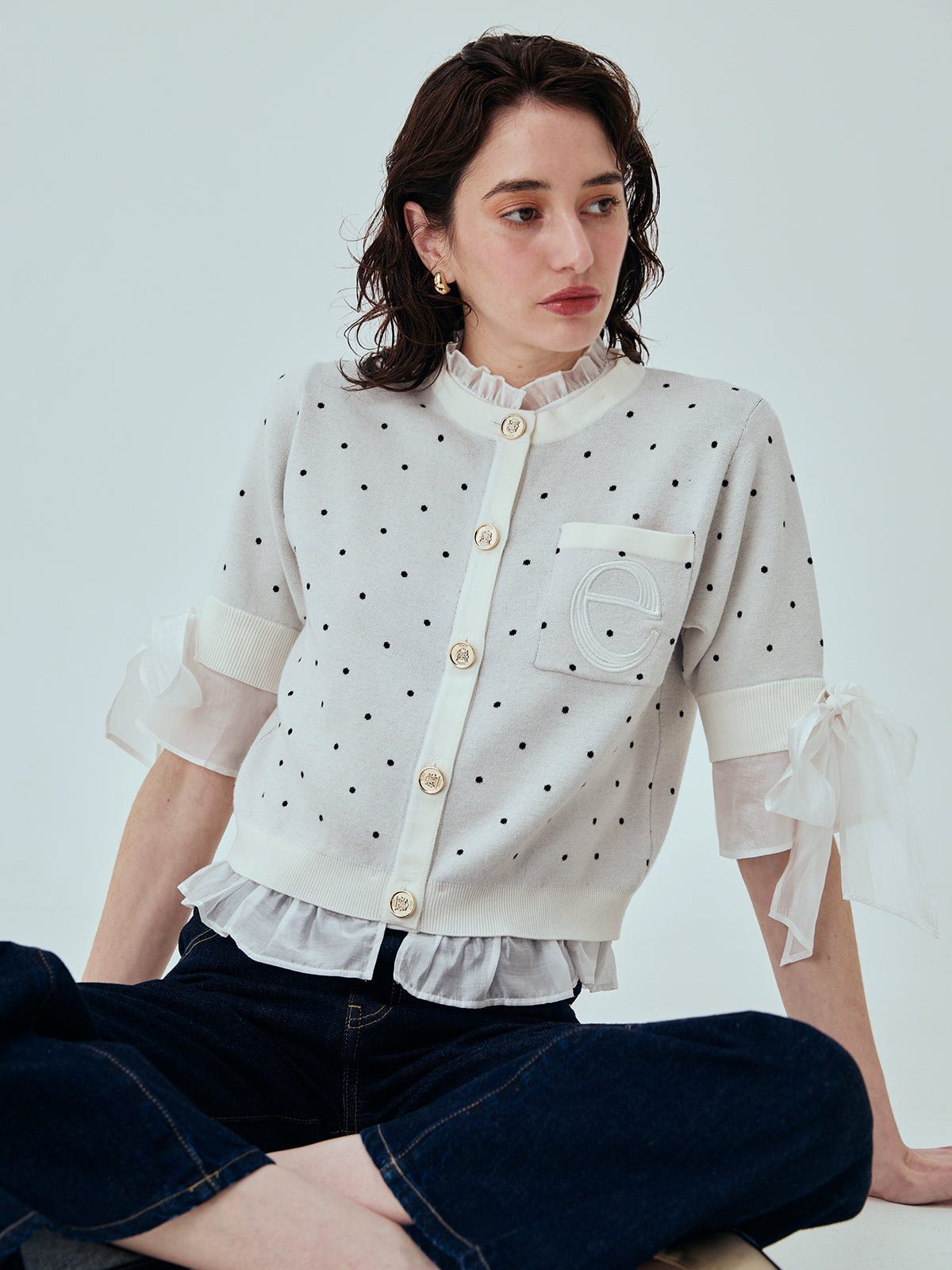 DOT Attachedcollarハーフスリーブカーディガン