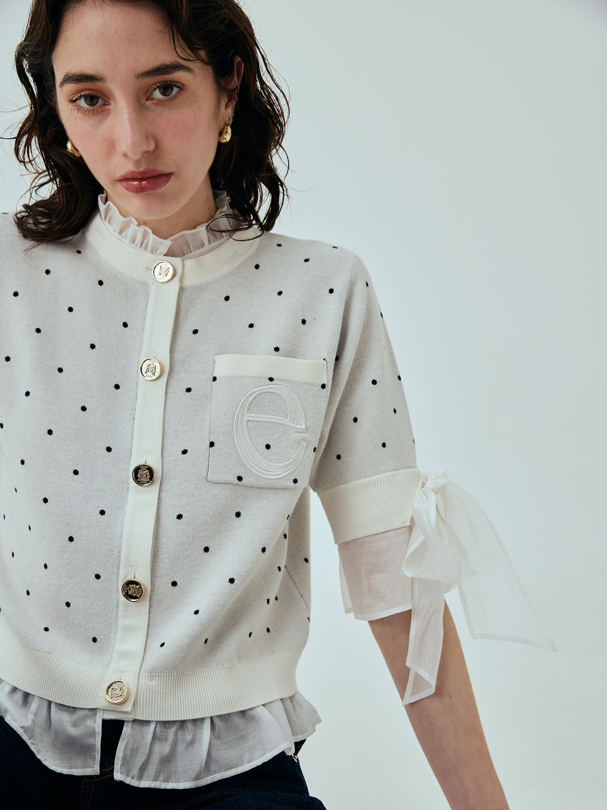 DOT Attachedcollarハーフスリーブカーディガン