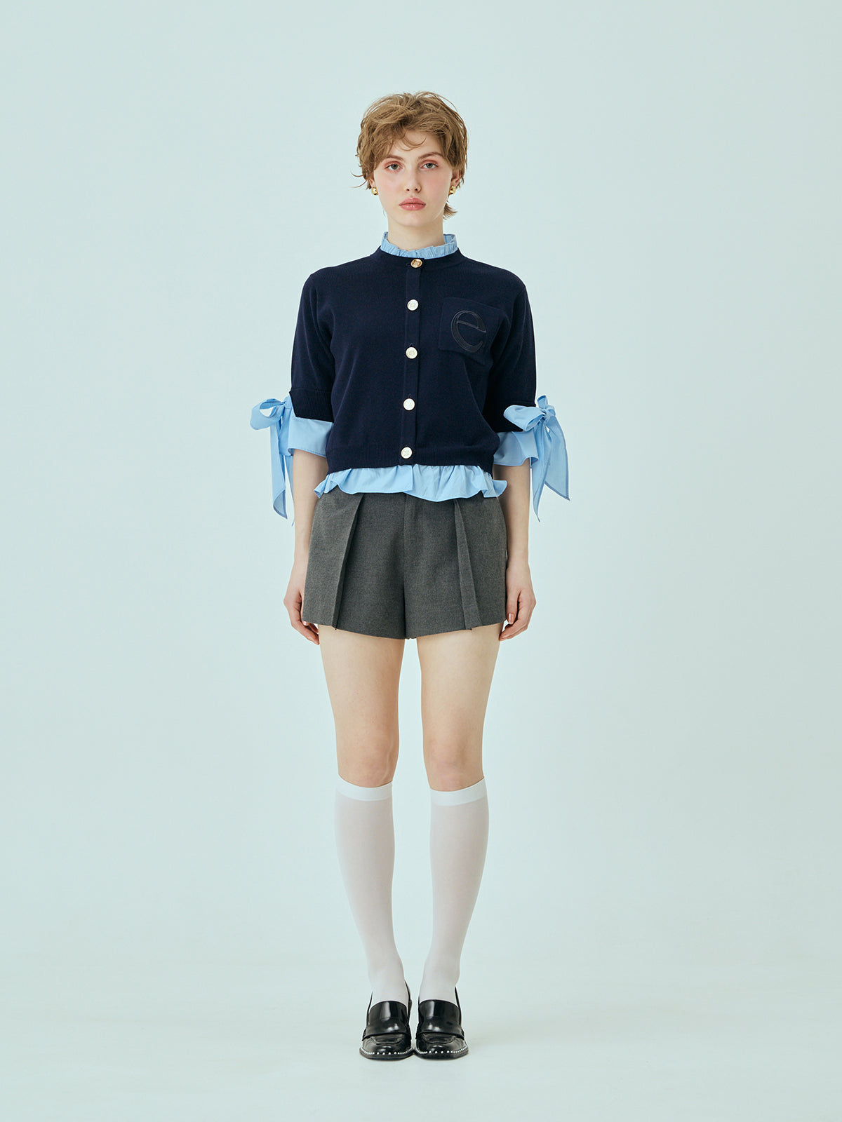 Attachedcollarハーフスリーブカーディガン