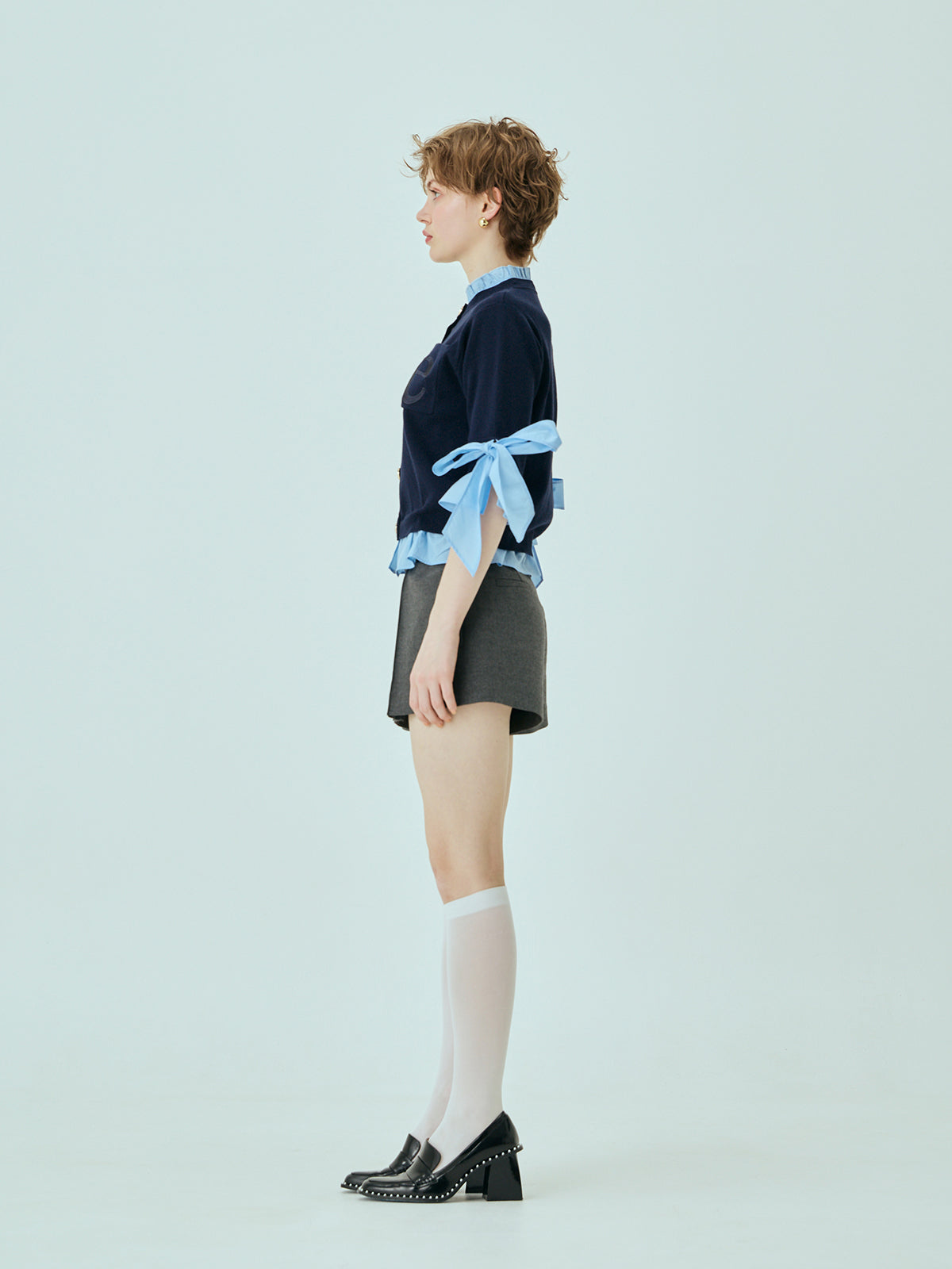 Attachedcollarハーフスリーブカーディガン