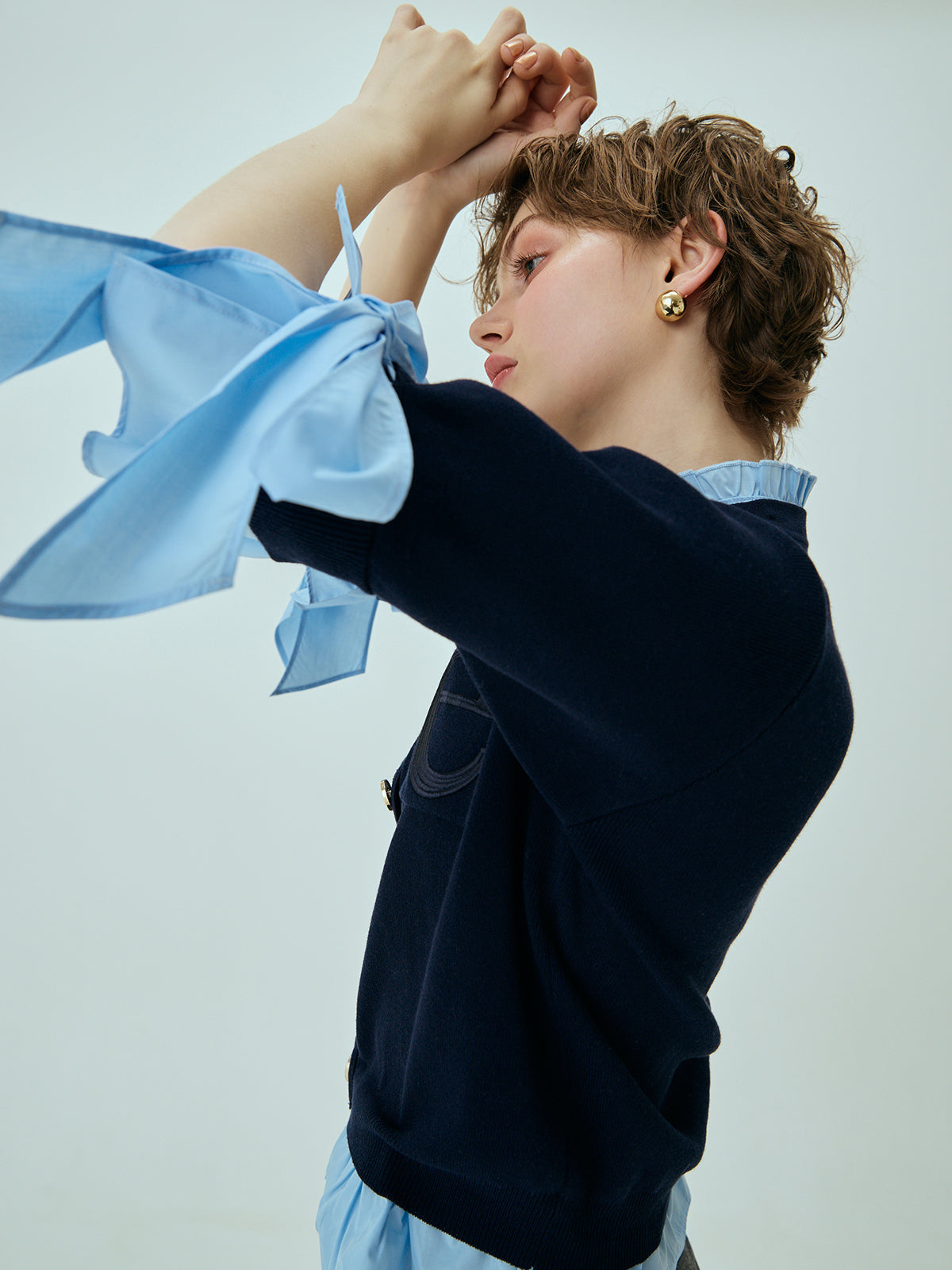 Attachedcollarハーフスリーブカーディガン