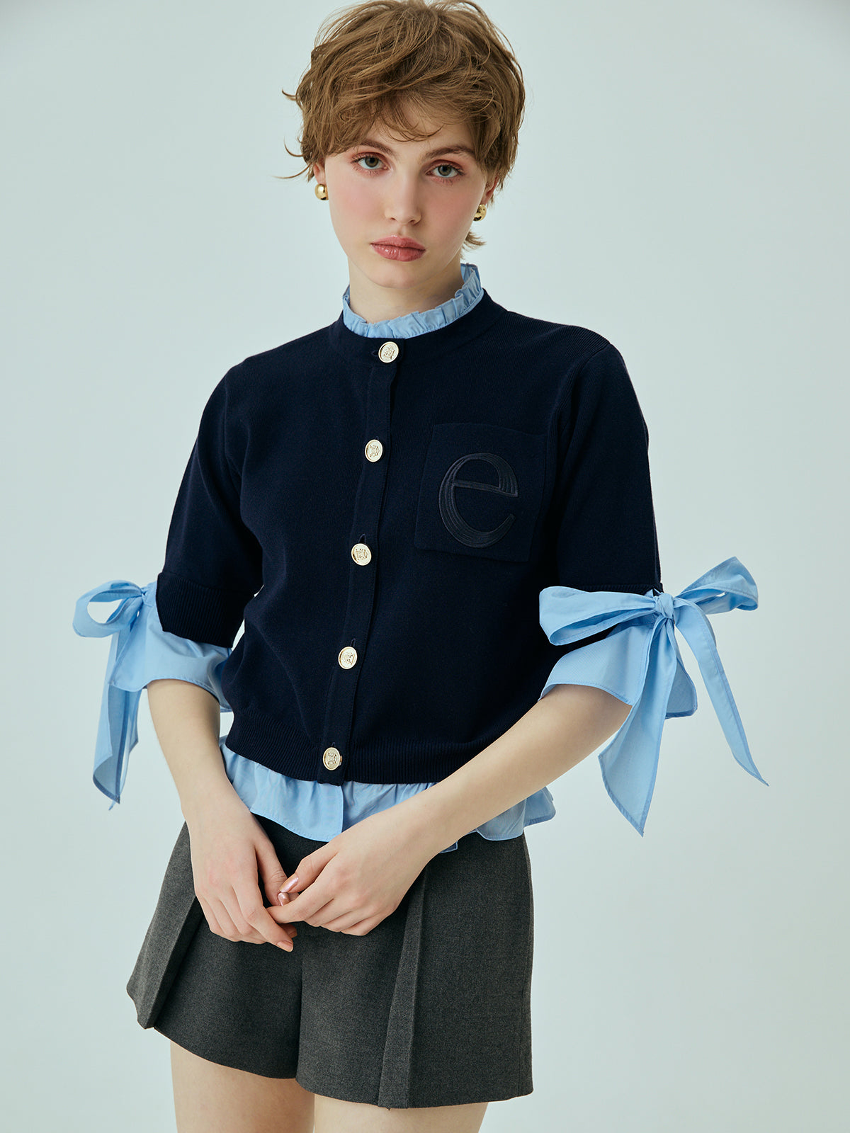 Attachedcollarハーフスリーブカーディガン