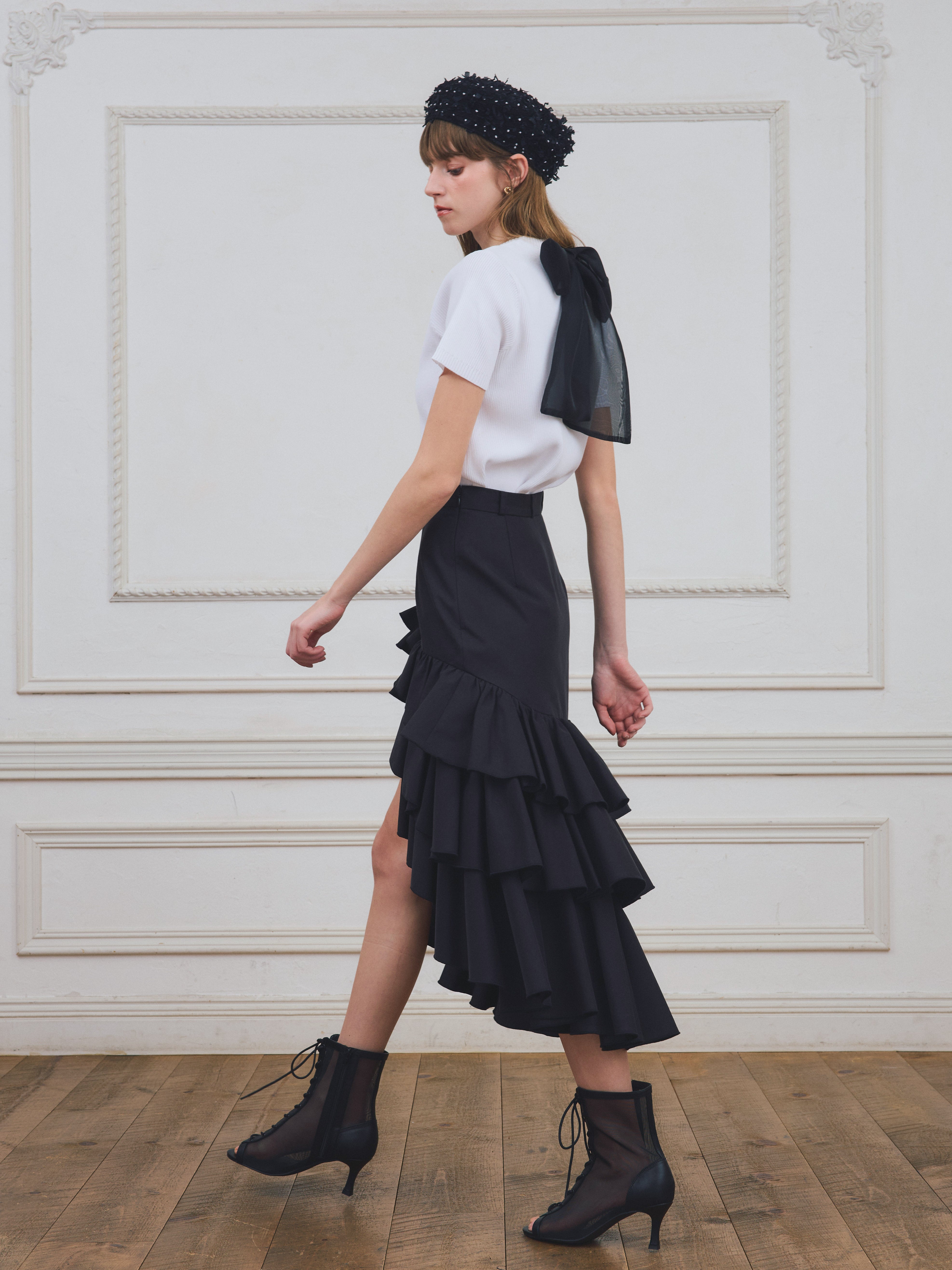 バックロングティアードフリルスカート