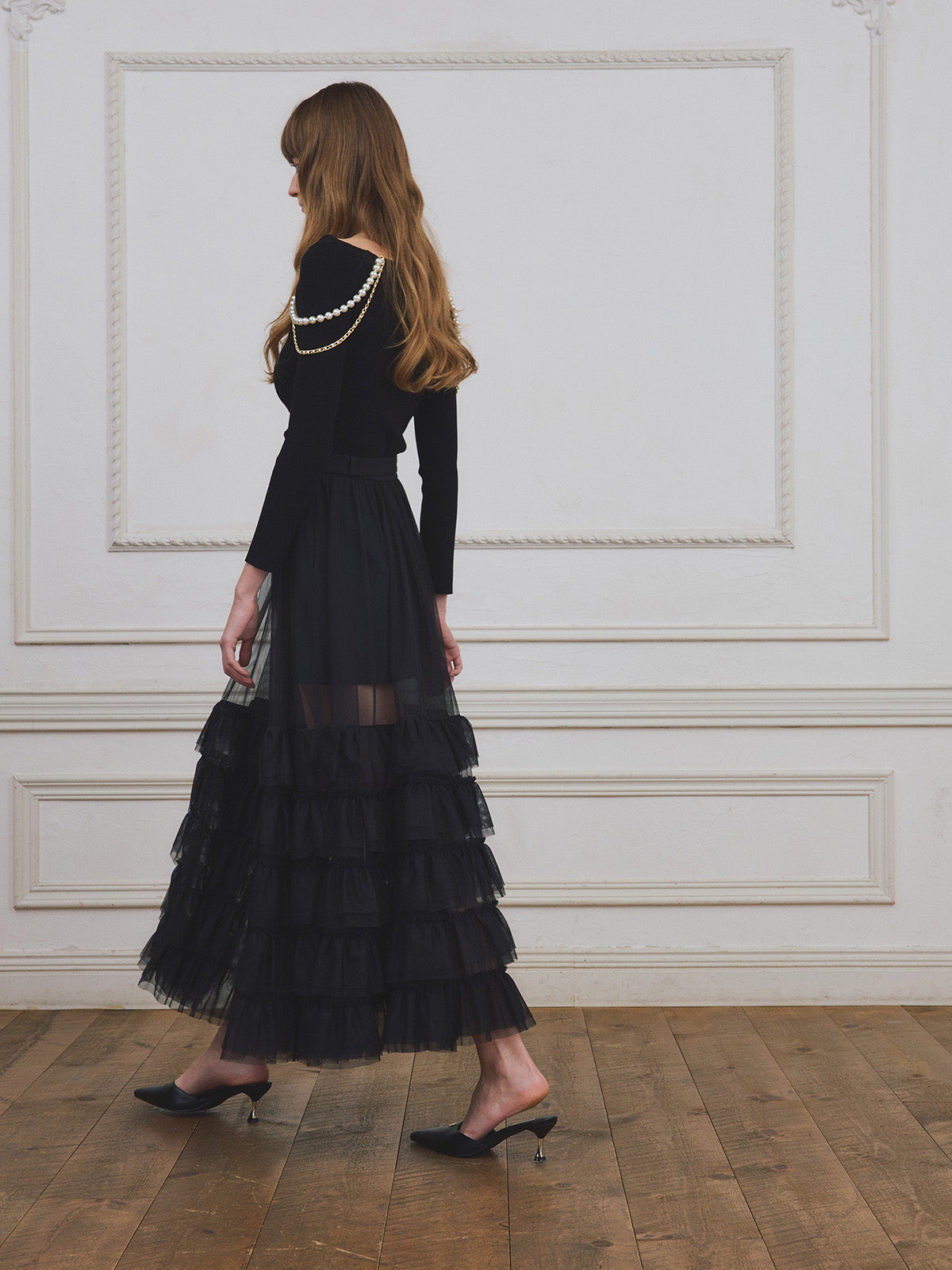 パールストラップオフショルニットトップス