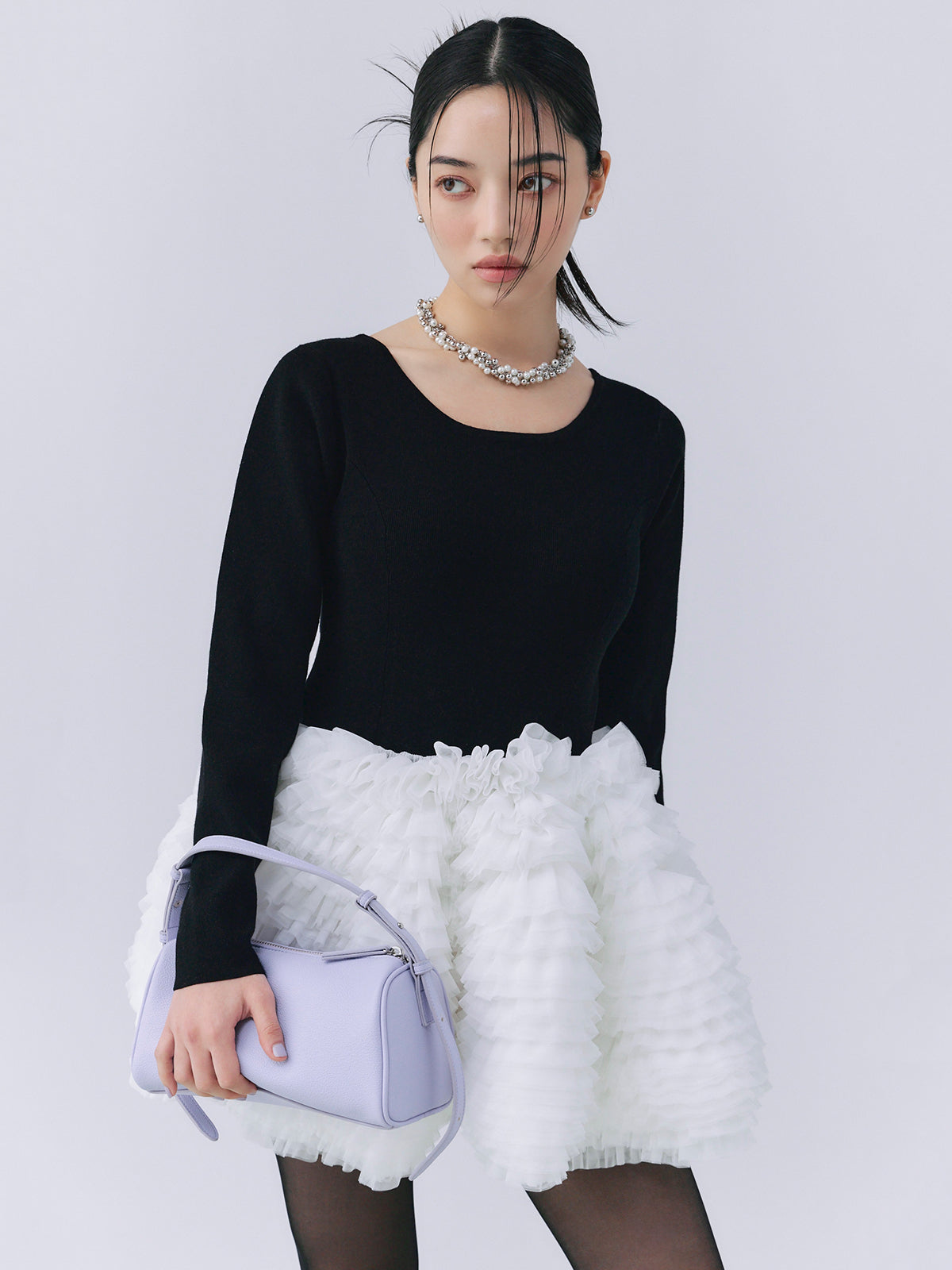 ボリュームチュールフリルニットワンピース