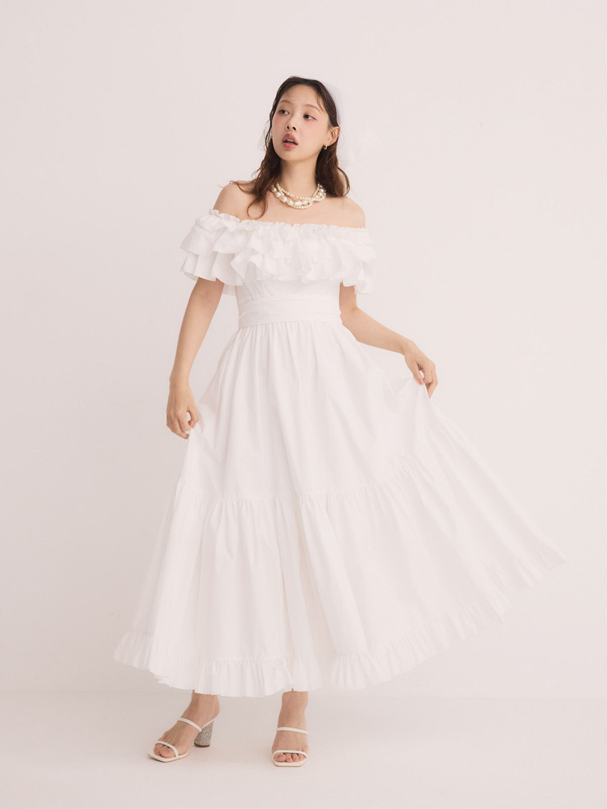 オフショルフリルマキシワンピース