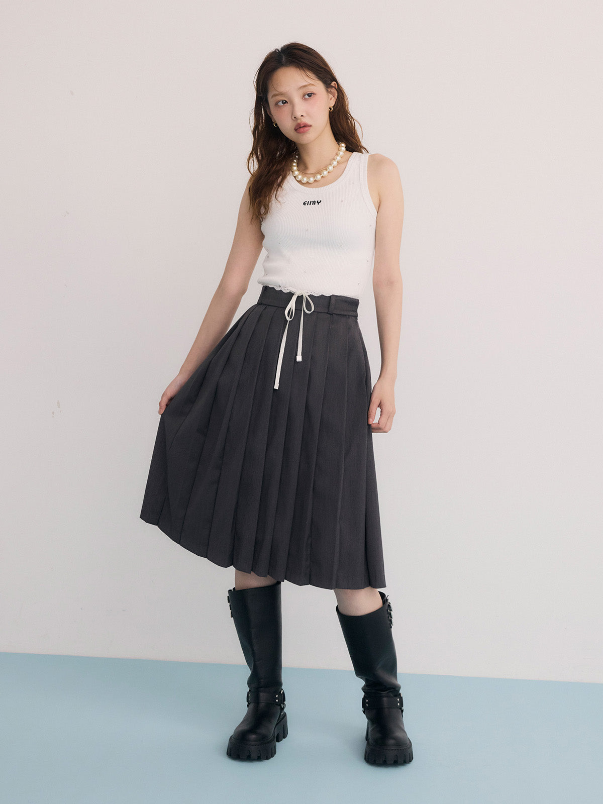 レースポイントプリーツミディスカート