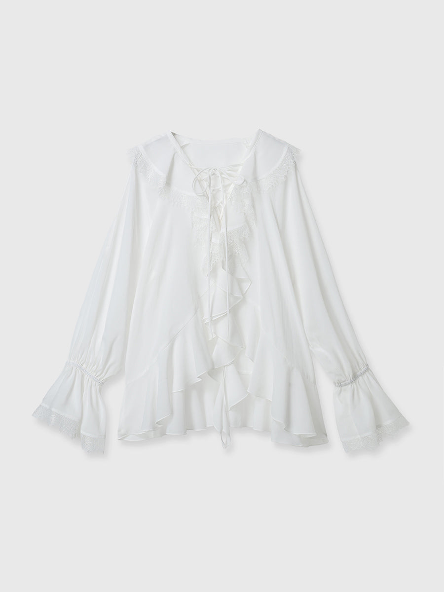 YLEVE イレーヴ×BOURRIENNE ラッフルブラウス　ホワイト YLEVE(イレーヴ)｜【YLEVE×BOURRIENNE】コットン タイプライター