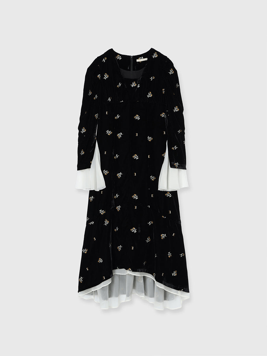 フワラーモチーフベルベットレースカラーワンピース