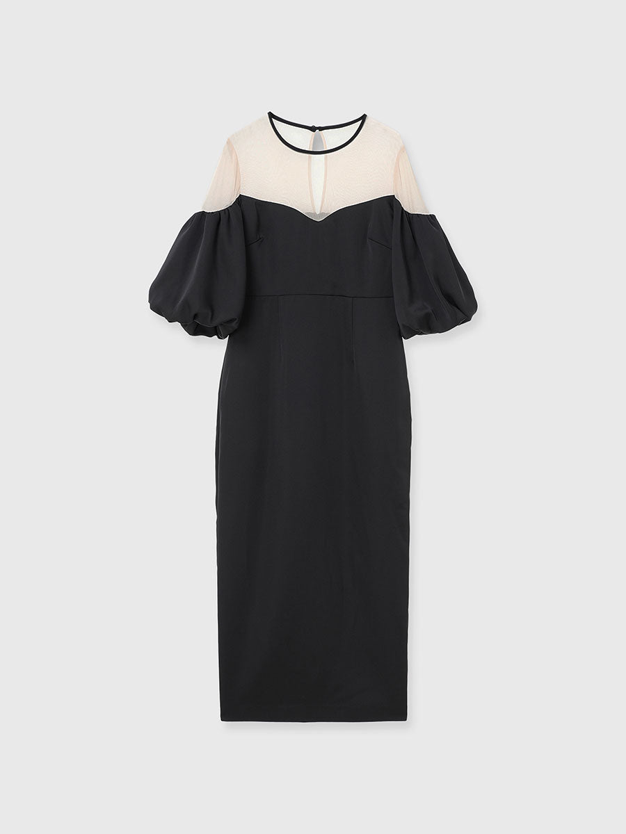 バルーンスリーブチュールパネルドレス