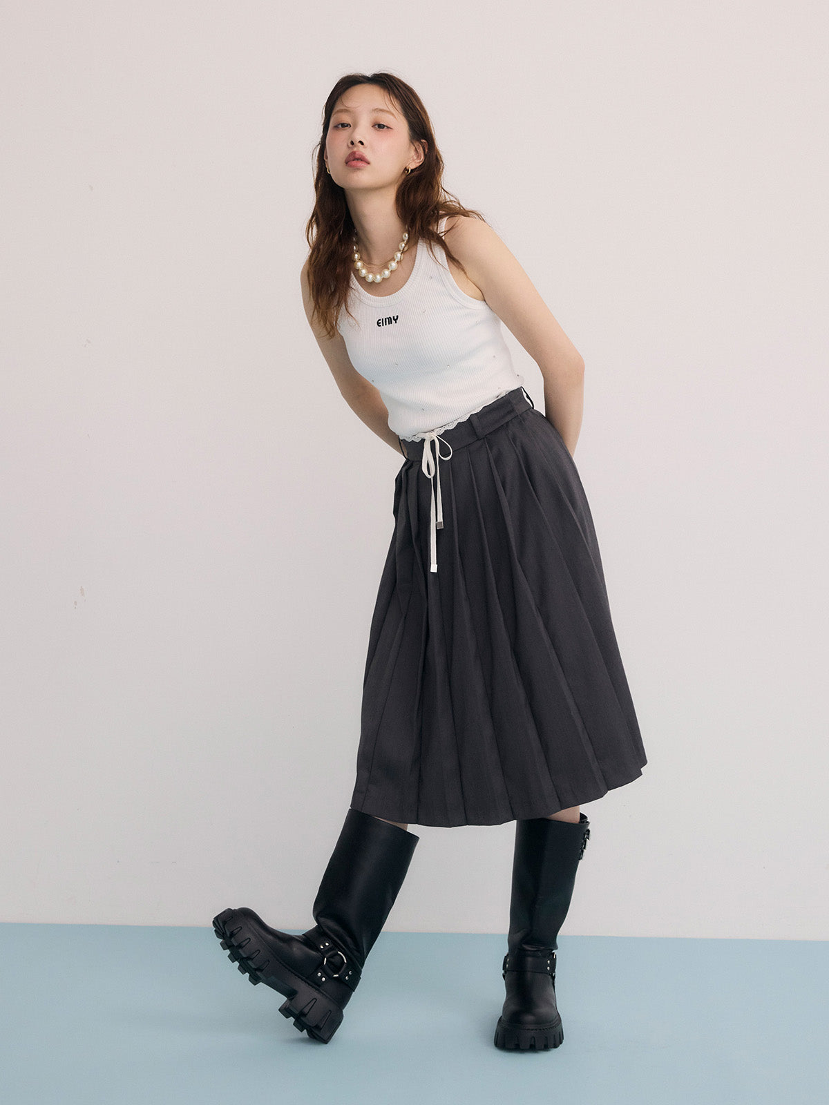 レースポイントプリーツミディスカート