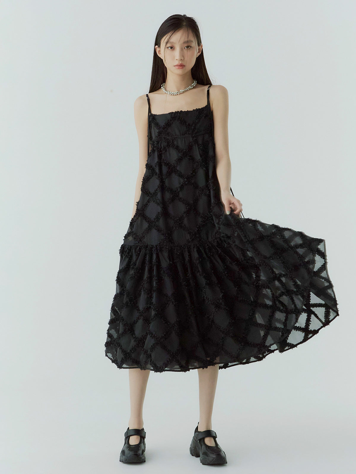 チェック刺繍ワンピース