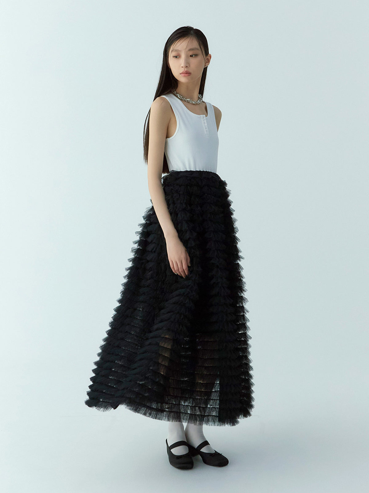 カットドッキングフリルチュールワンピ