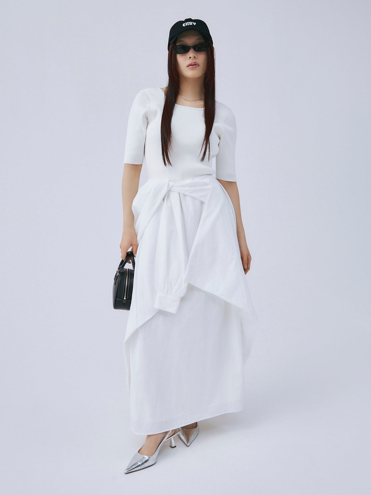 美品✨OBLI シャツドッキングギャザーワンピース　ホワイト　1 シャツドッキングデザインワンピース
