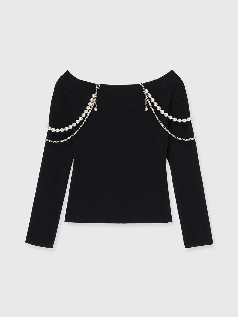 パールストラップオフショルニットトップス