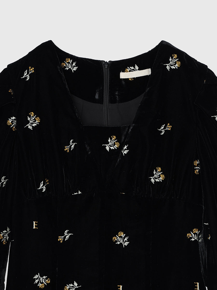 フワラーモチーフベルベットレースカラーワンピース