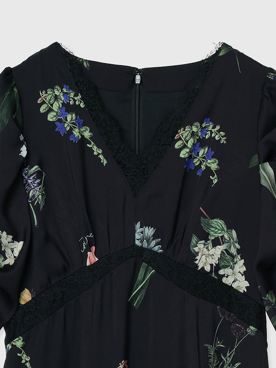 レーストリムフラワーサテンワンピース