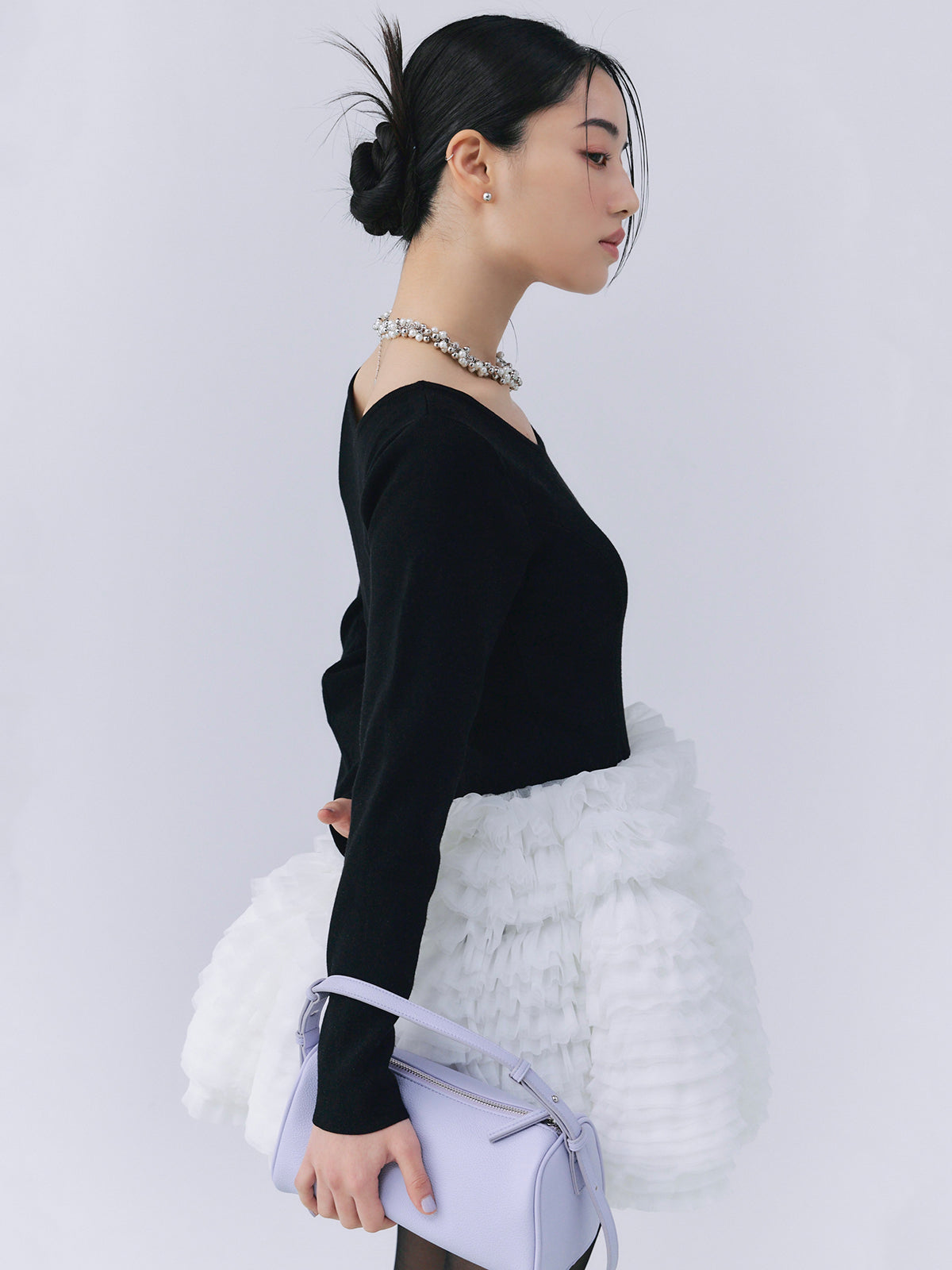 ボリュームチュールフリルニットワンピース