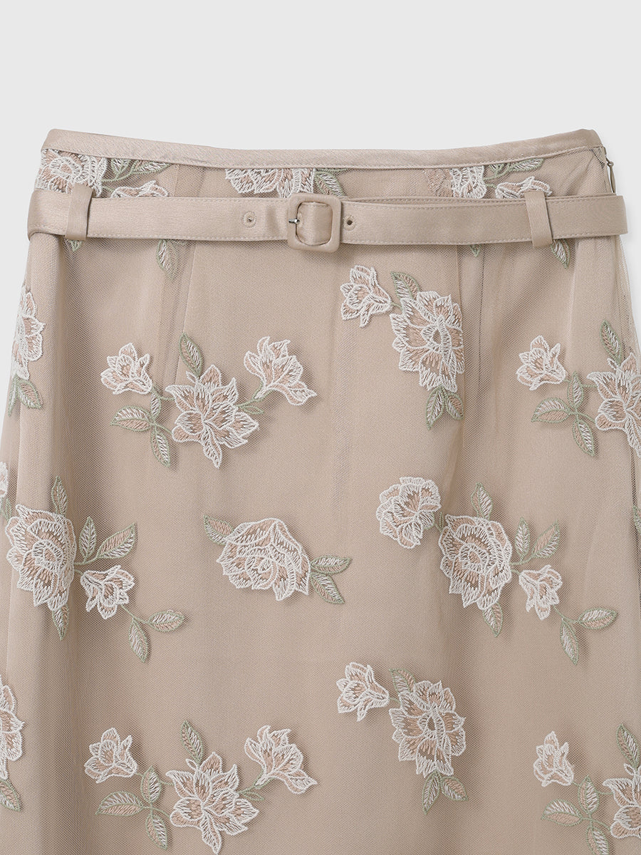 チュールレースフラワーモチーフタイトスカート