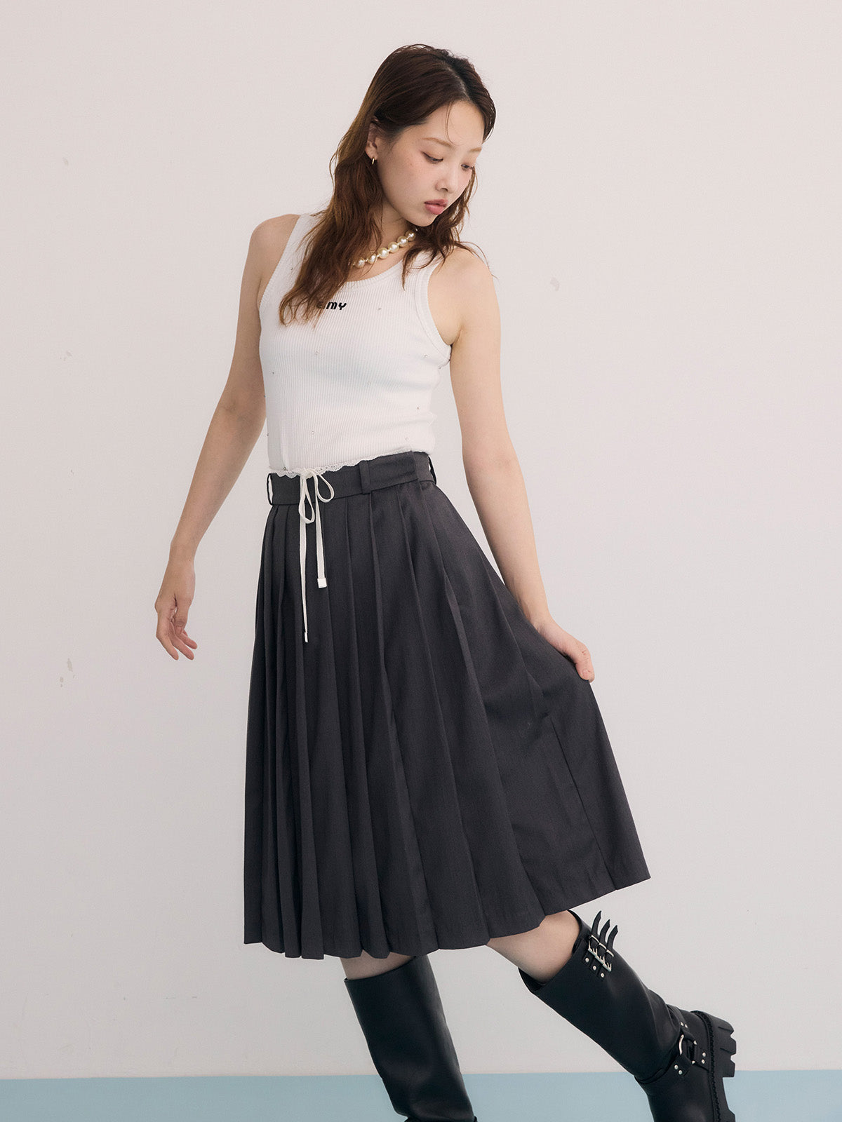 レースポイントプリーツミディスカート