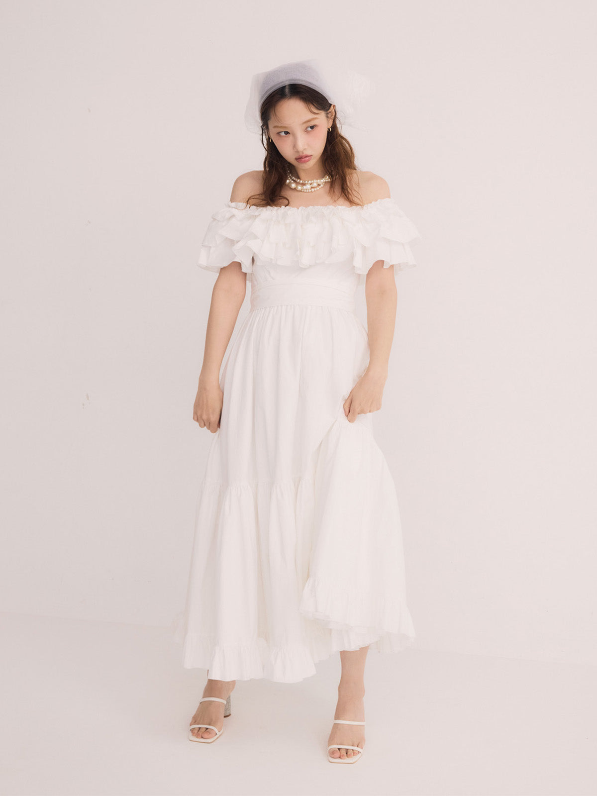 オフショルフリルマキシワンピース