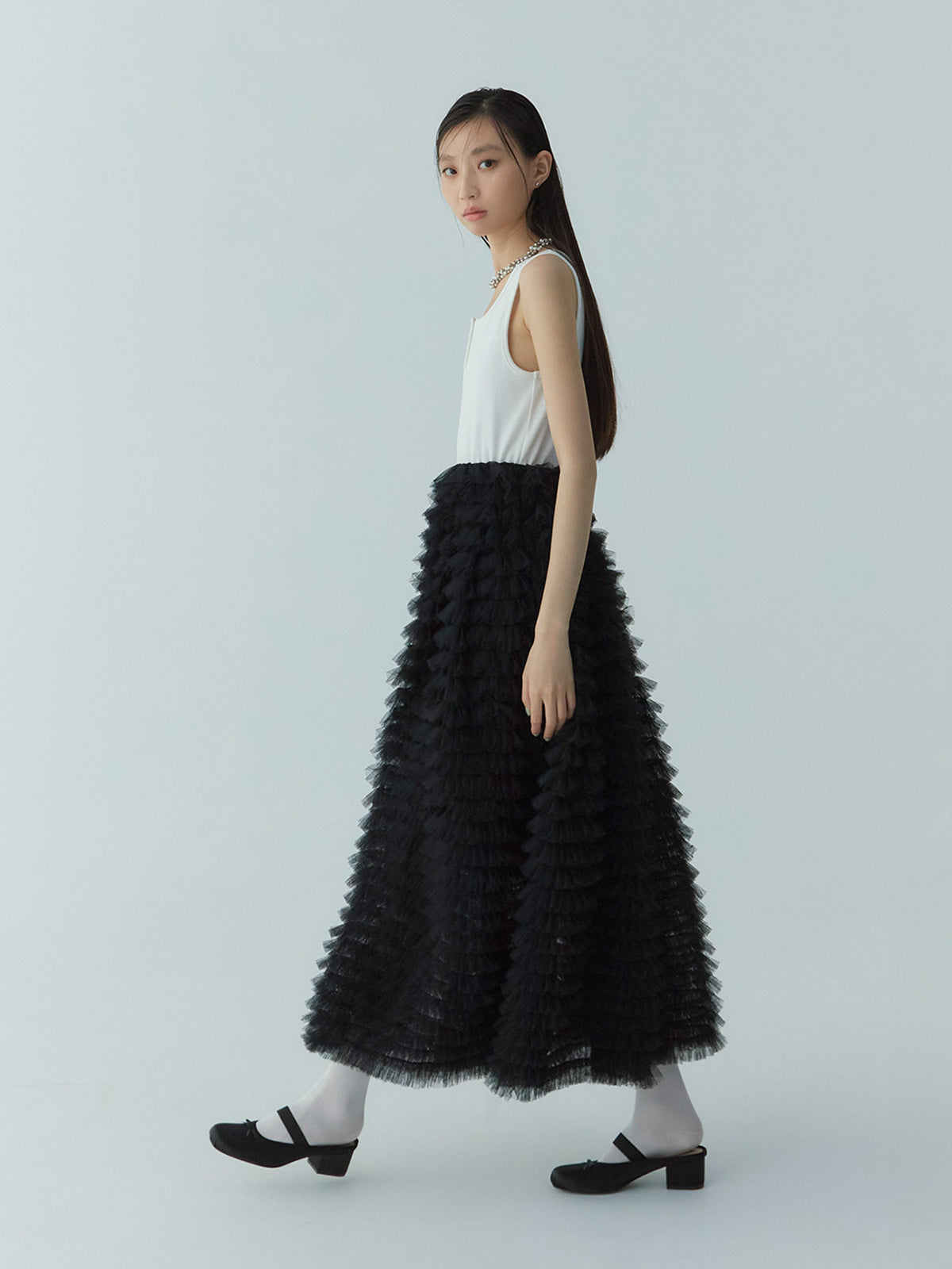 カットドッキングフリルチュールワンピ