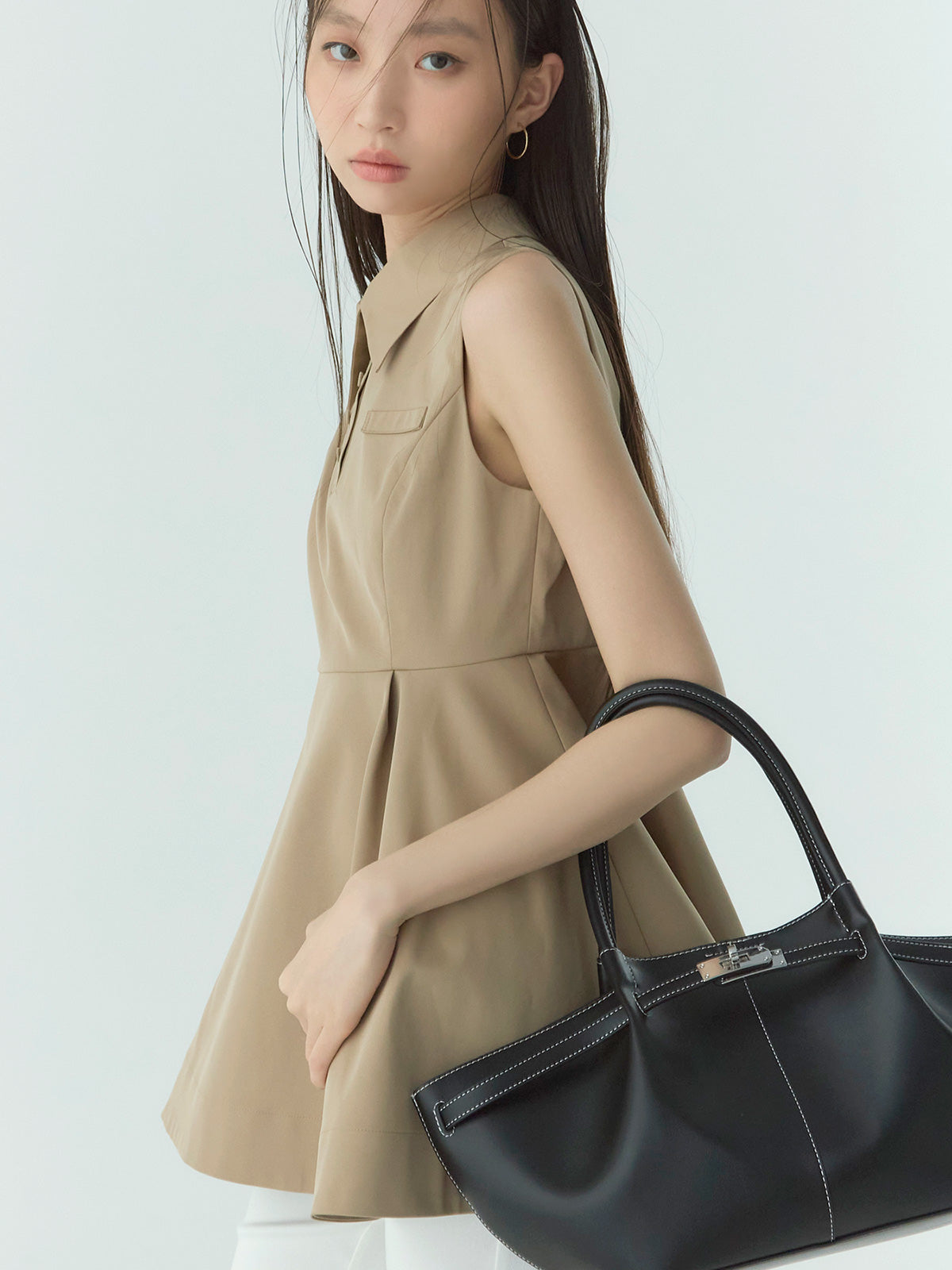 ウエスト切替シャツカラーフレアTOPS