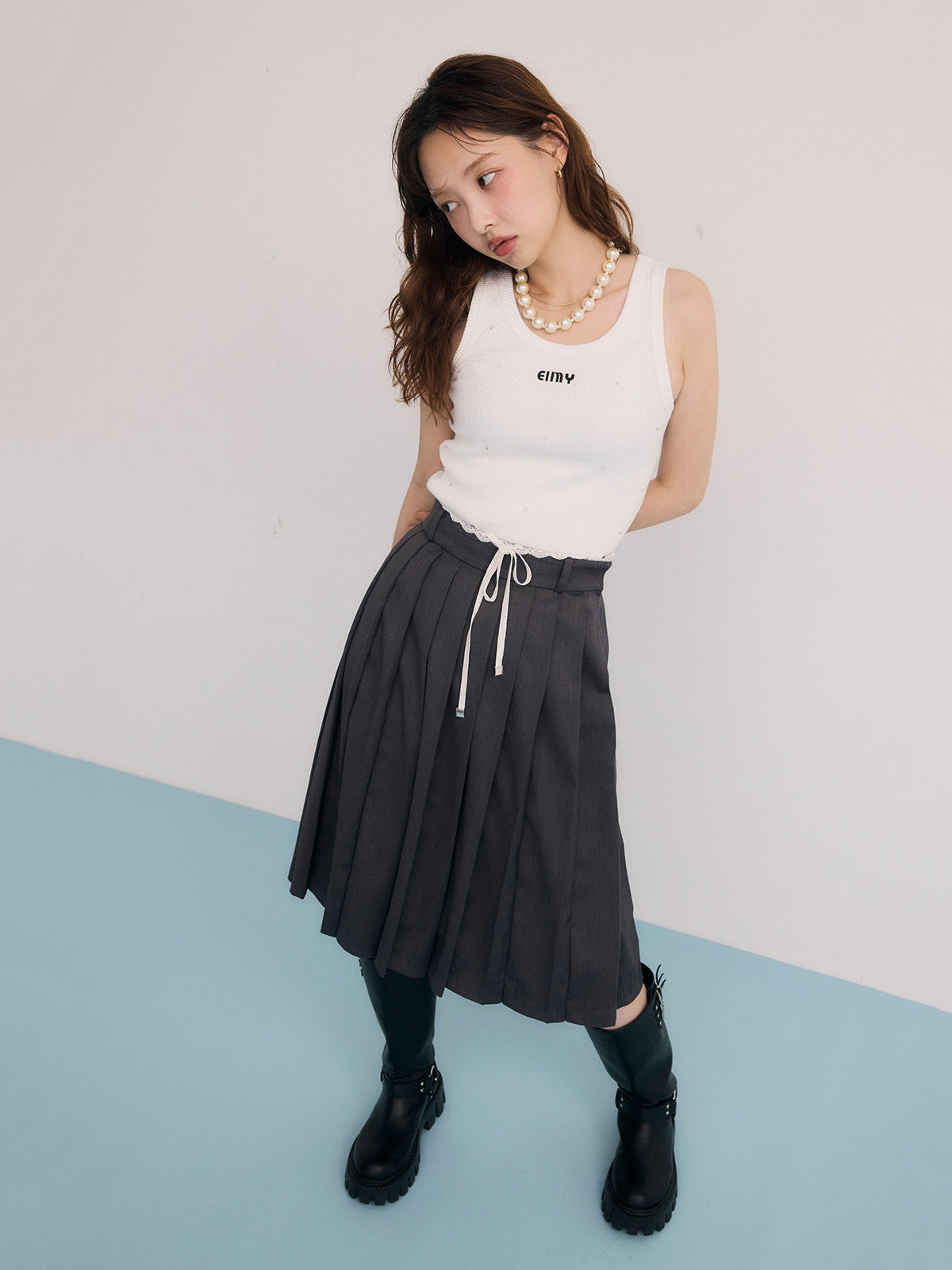 レースポイントプリーツミディスカート