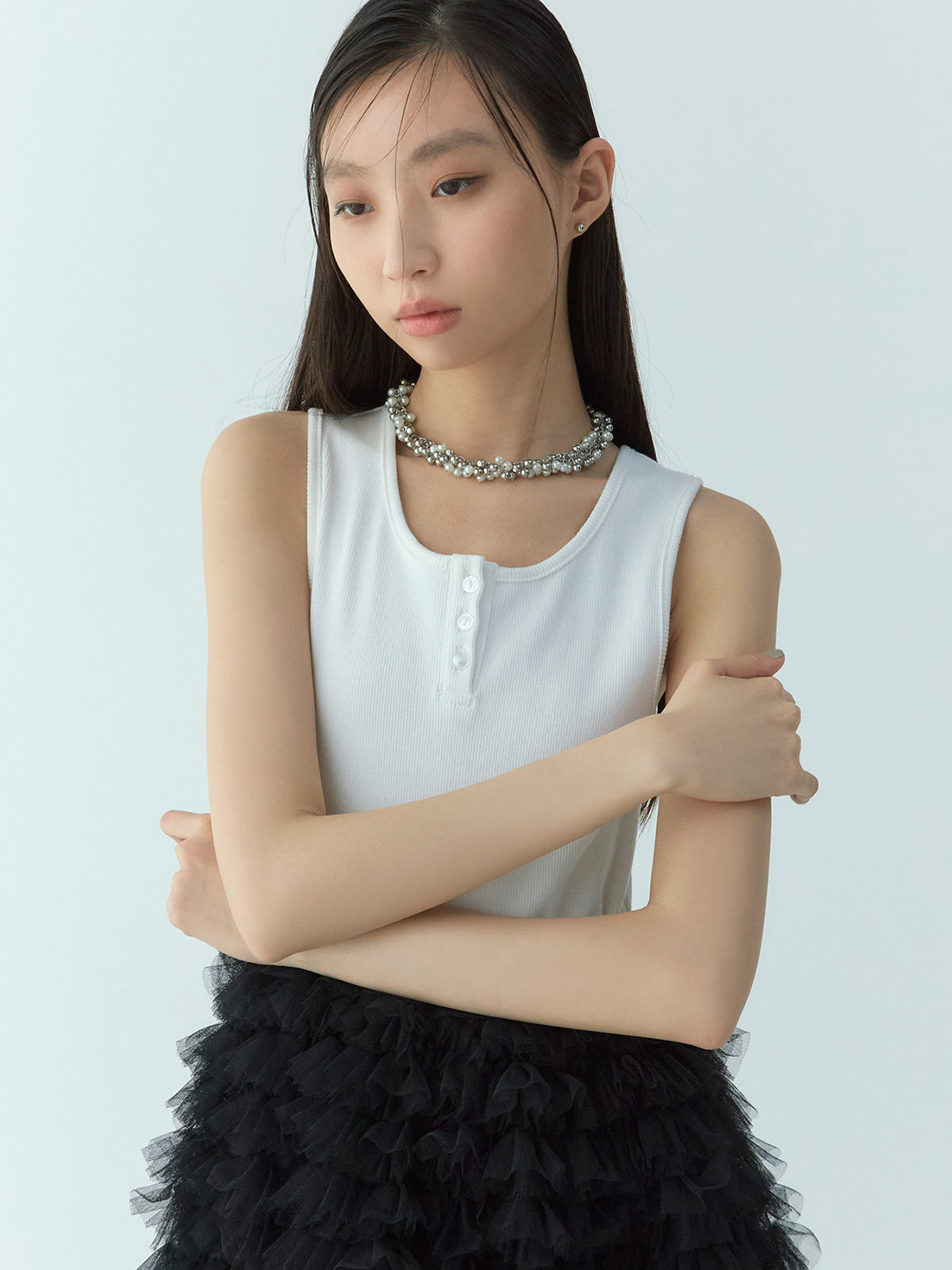 カットドッキングフリルチュールワンピ