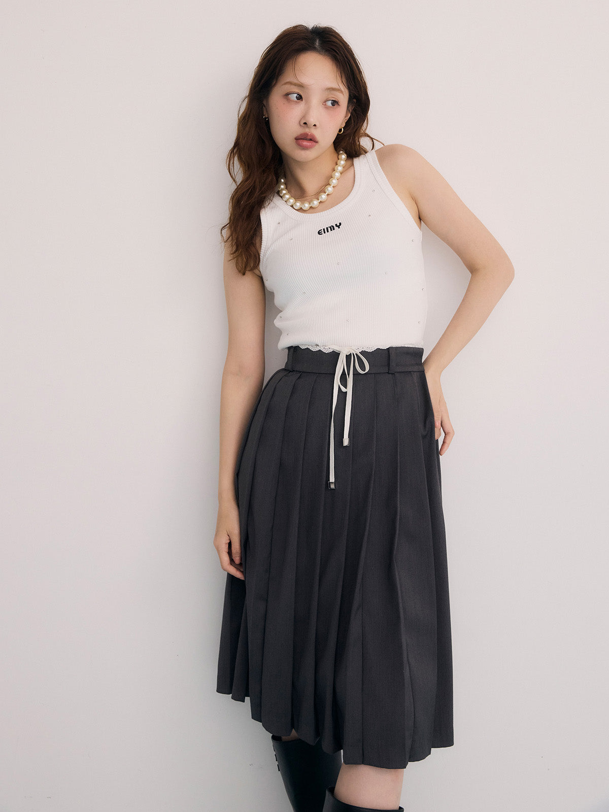 レースポイントプリーツミディスカート