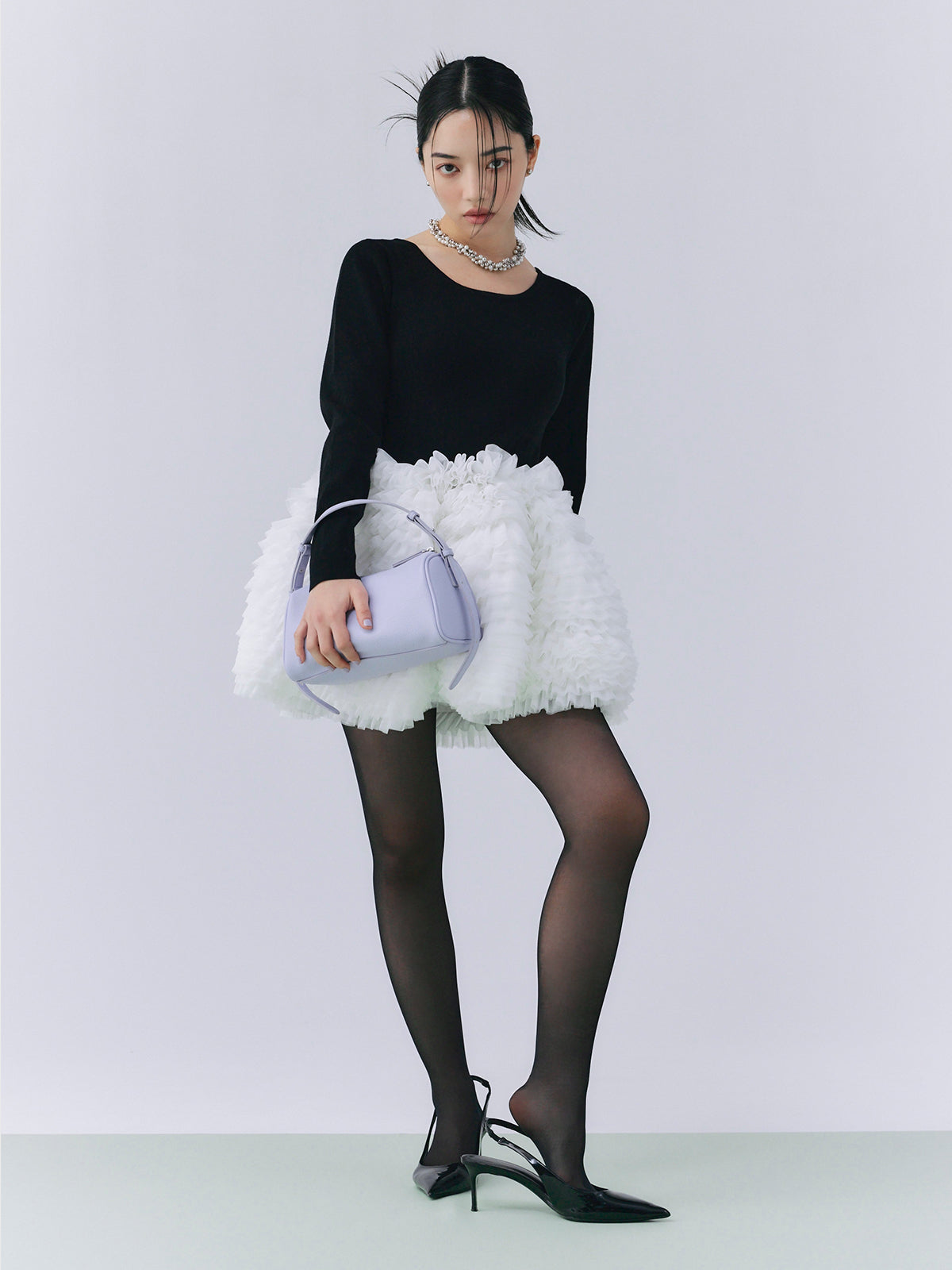 ボリュームチュールフリルニットワンピース