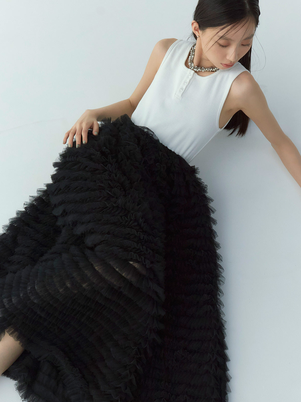 カットドッキングフリルチュールワンピ