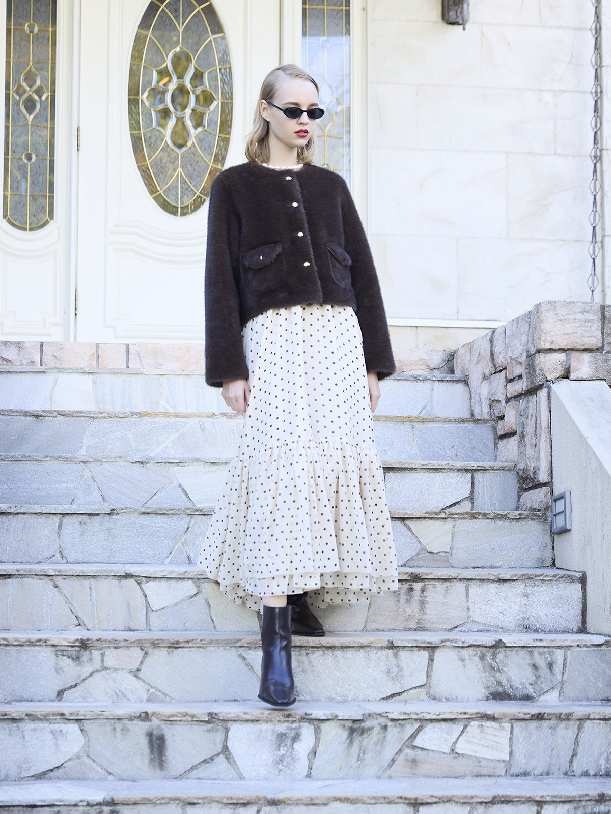 ゴールドボタンフェイクファージャケット