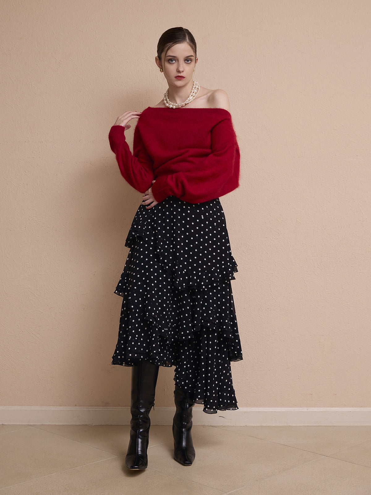 ウール起毛オフショルニットトップス