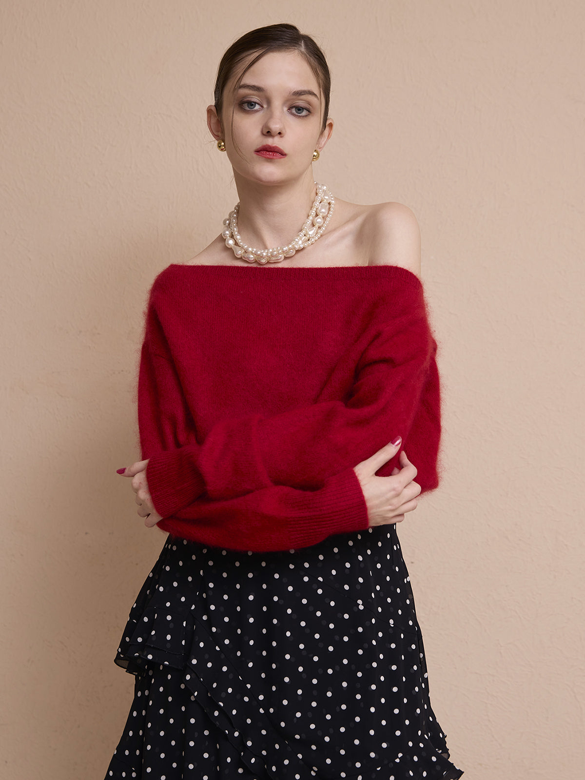 ウール起毛オフショルニットトップス