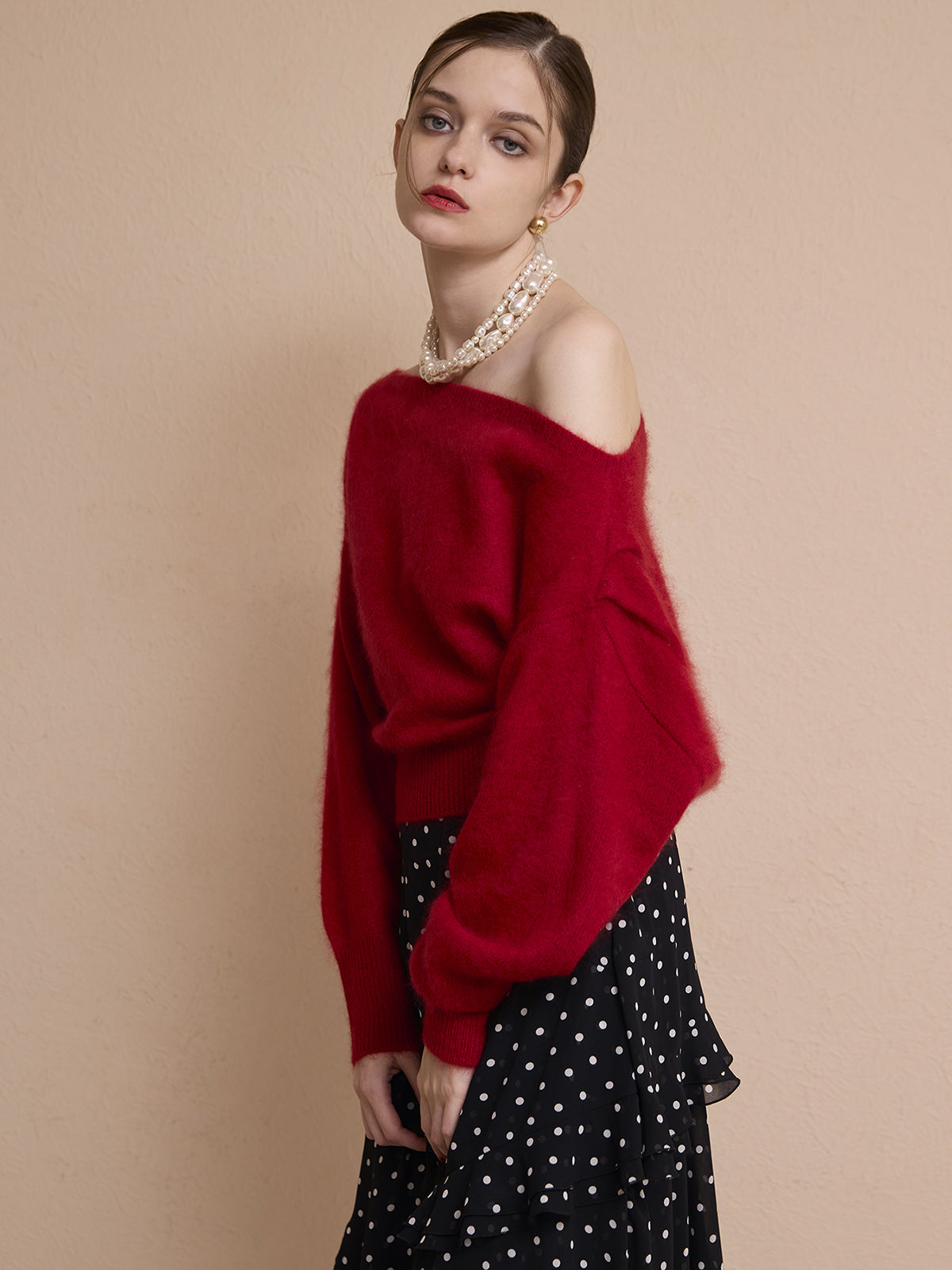 ウール起毛オフショルニットトップス