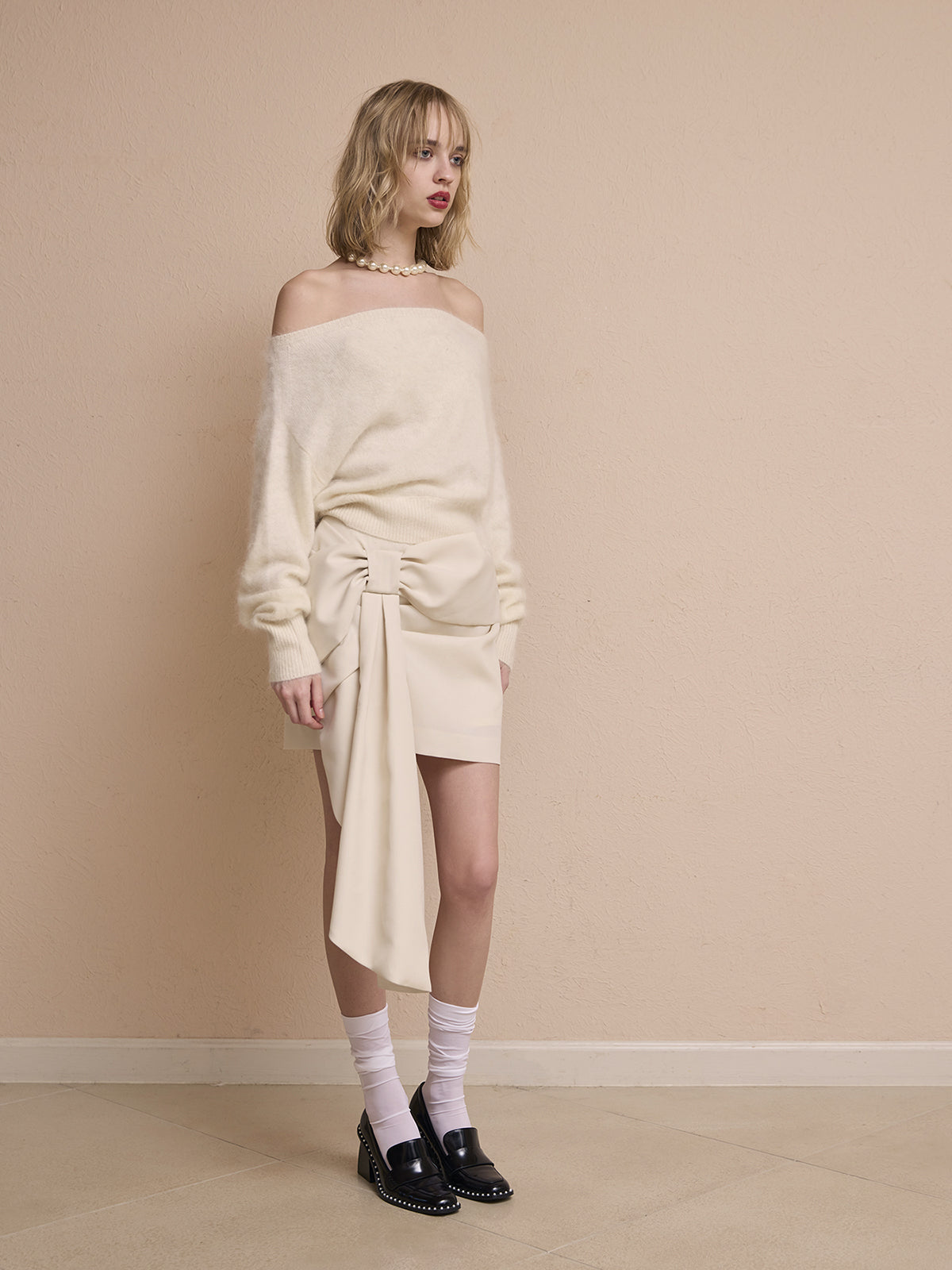 ウール起毛オフショルニットトップス