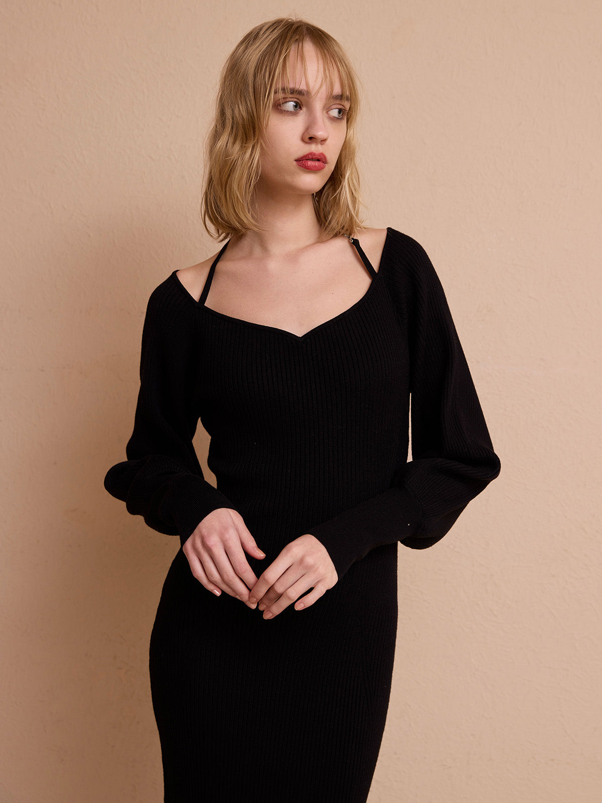 ★LOUIS VUITTON★ カシミヤリブニットロングワンピースS★ロゴレザー セール】 ウォッシャブルウール リブニットドレス / リブニット